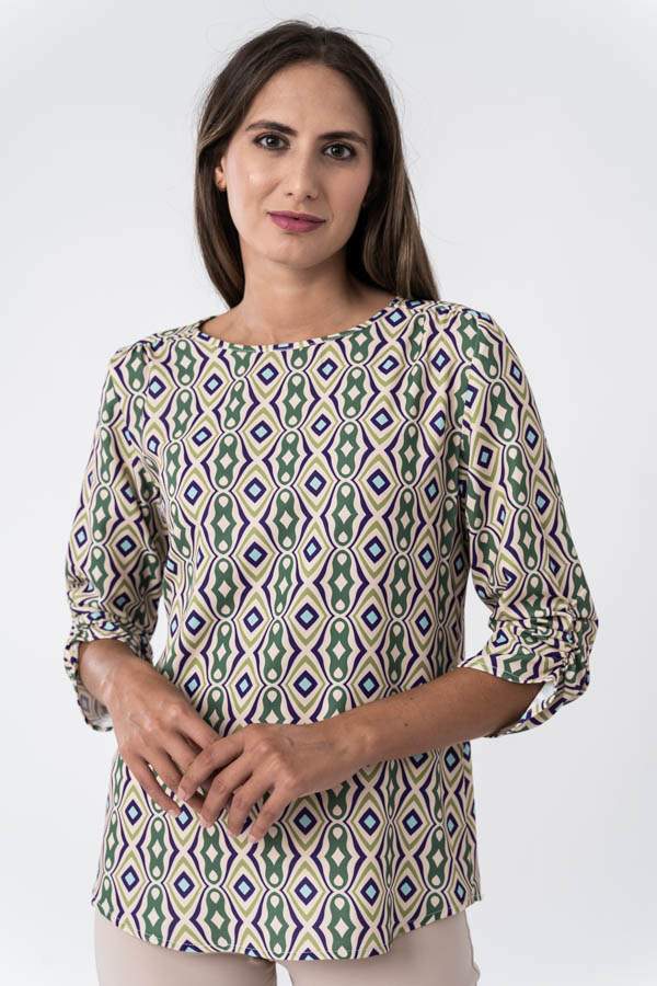 BLUSA PUÑO FRUNCIDO GEOMETRICO