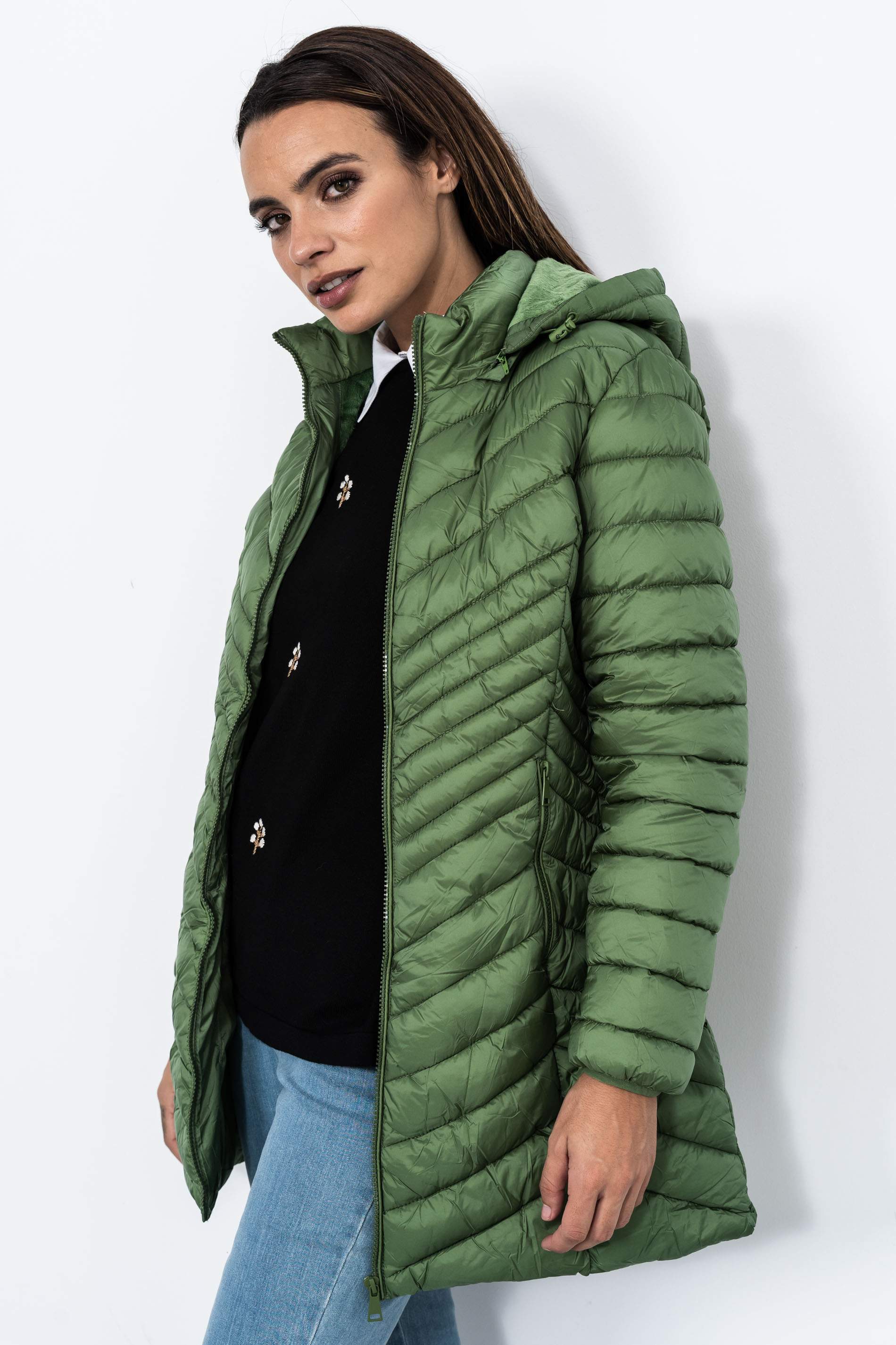 PARKA SATINADA PESPUNTE DIAGONAL VERDE