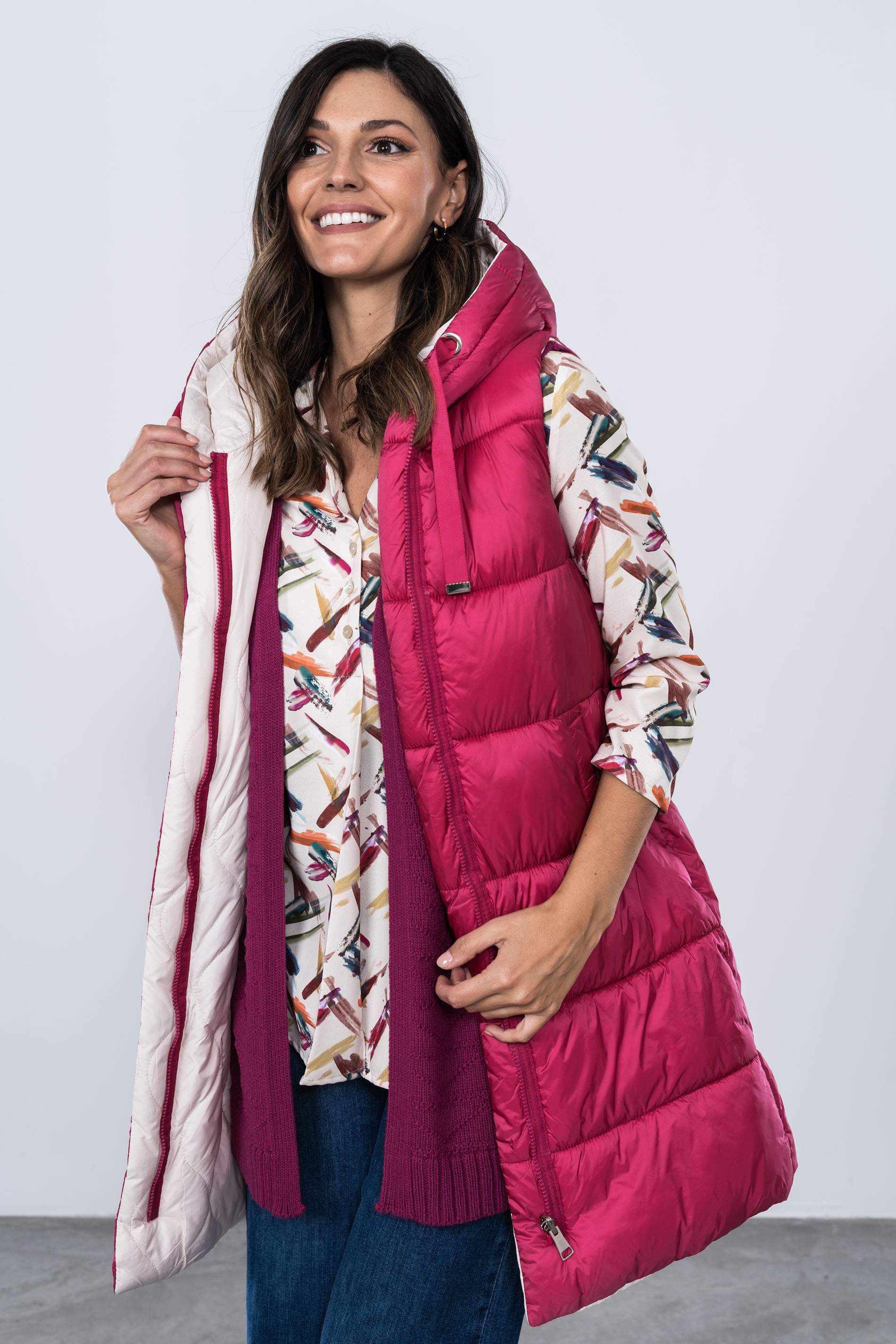 CHALECO REVERSIBLE LARGO FUCSIA Precchio