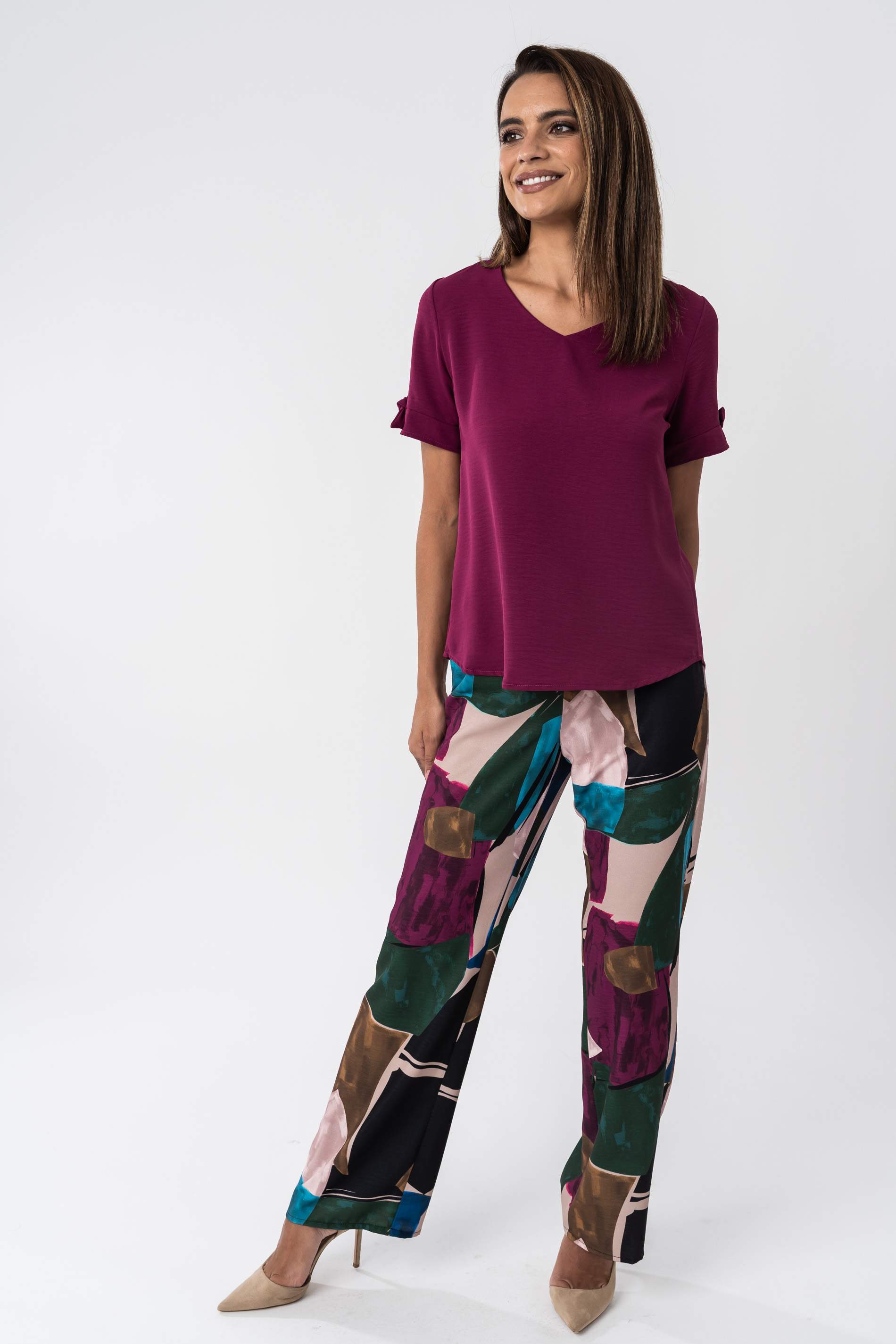 BLUSA DETALLE LAZO MANGA CORTA BERENJENA