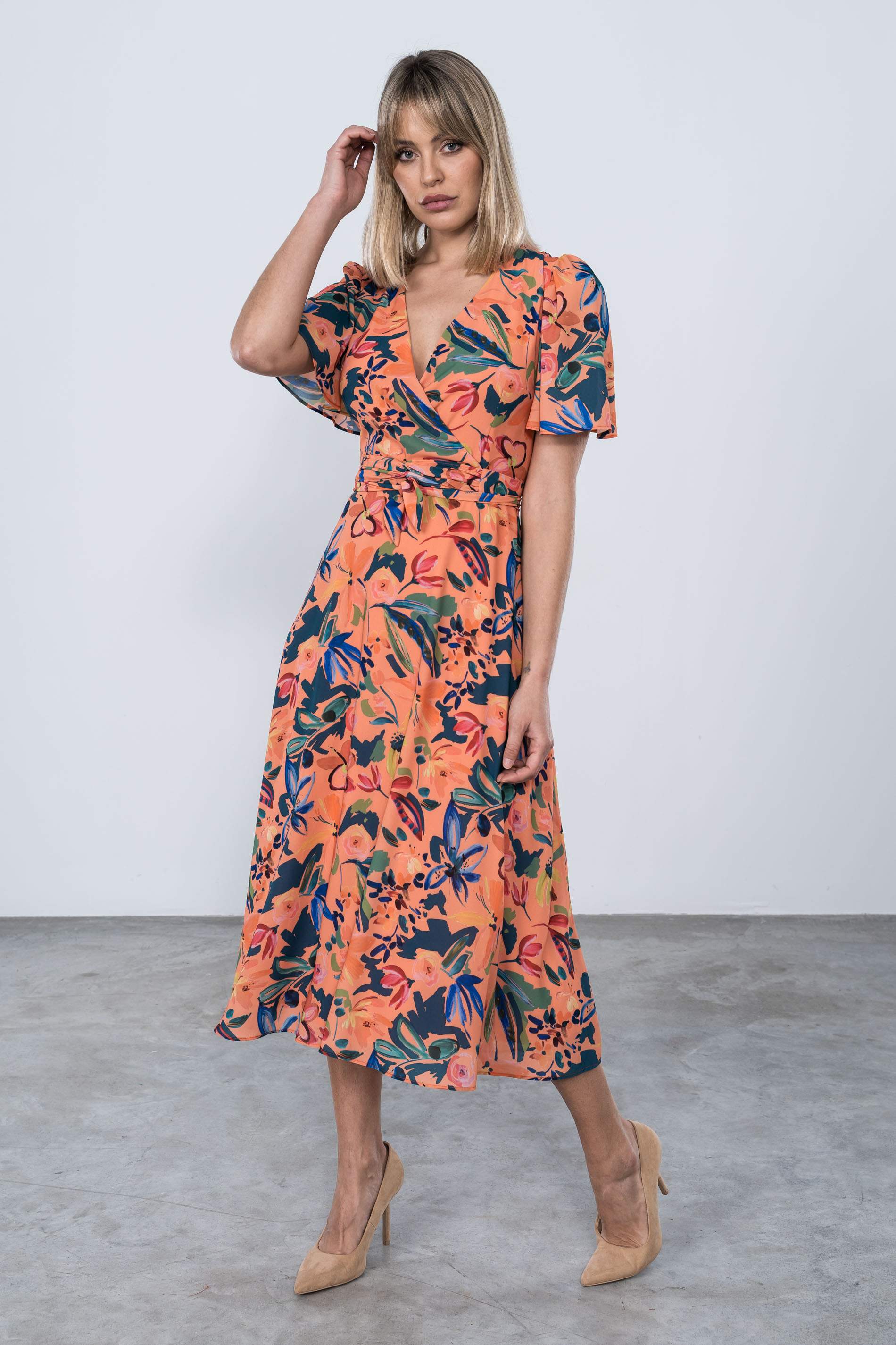 VESTIDO MIDI MANGA CAPAS FLORAL