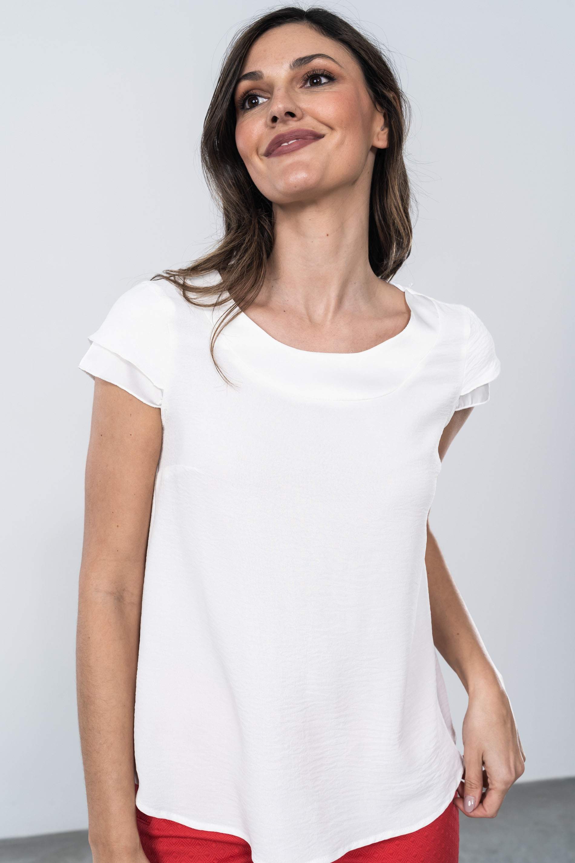 BLUSA COMBINADA SATEN MANGA CORTA BLANCO