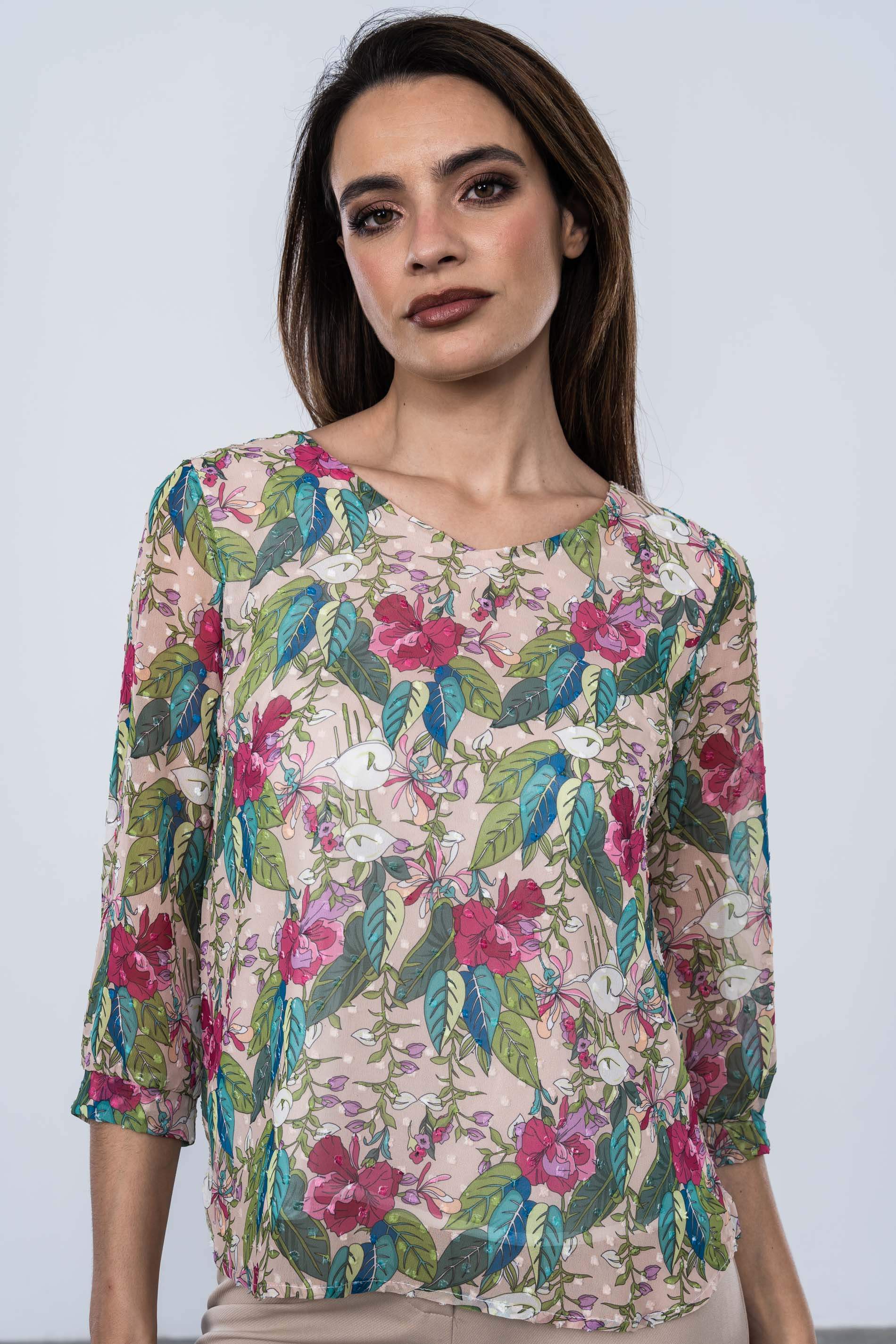 BLUSA PLUMETI CUELLO PICO FLORAL