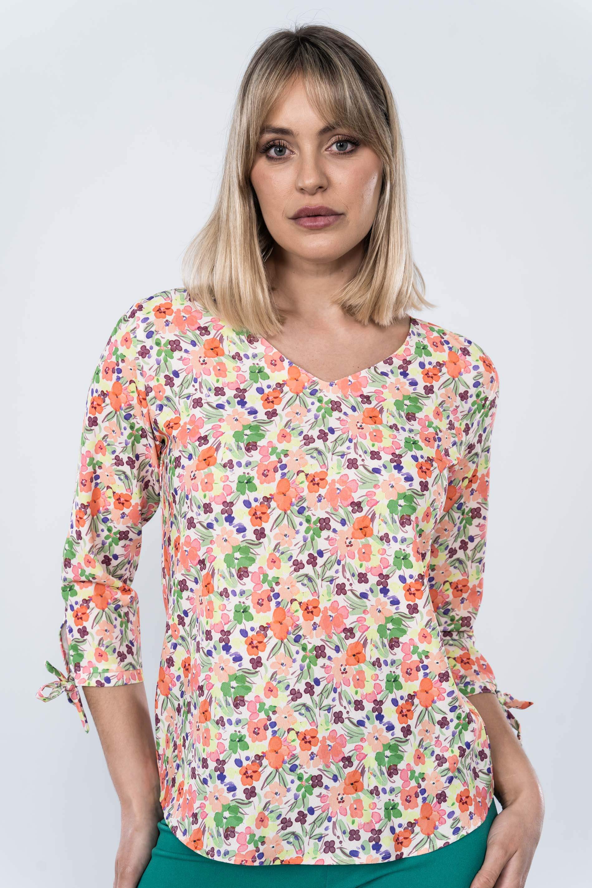 BLUSA MANGA LAZADA C PICO FLORES MANDARINA