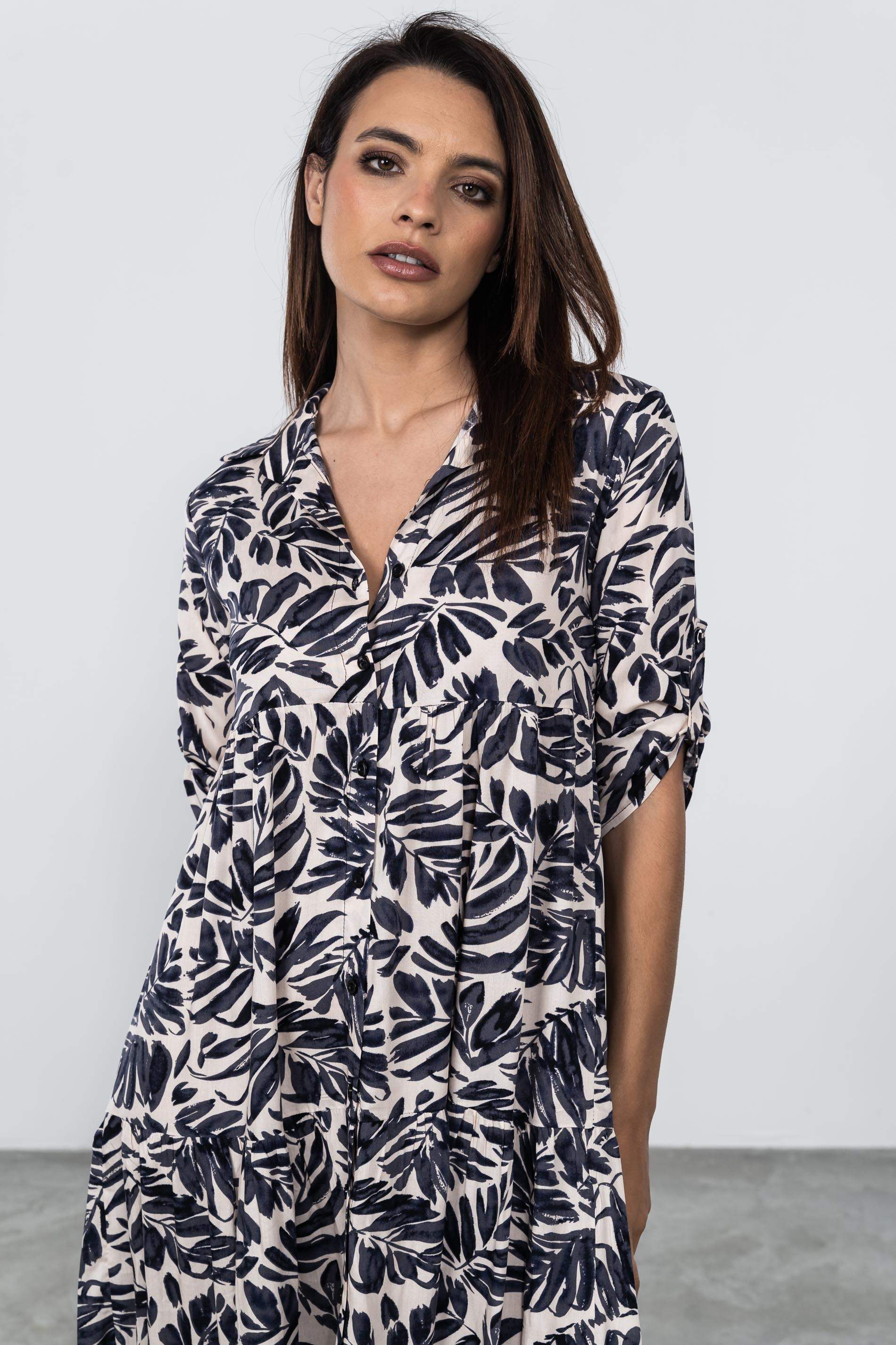 VESTIDO CAMISERO HOJAS BICOLOR