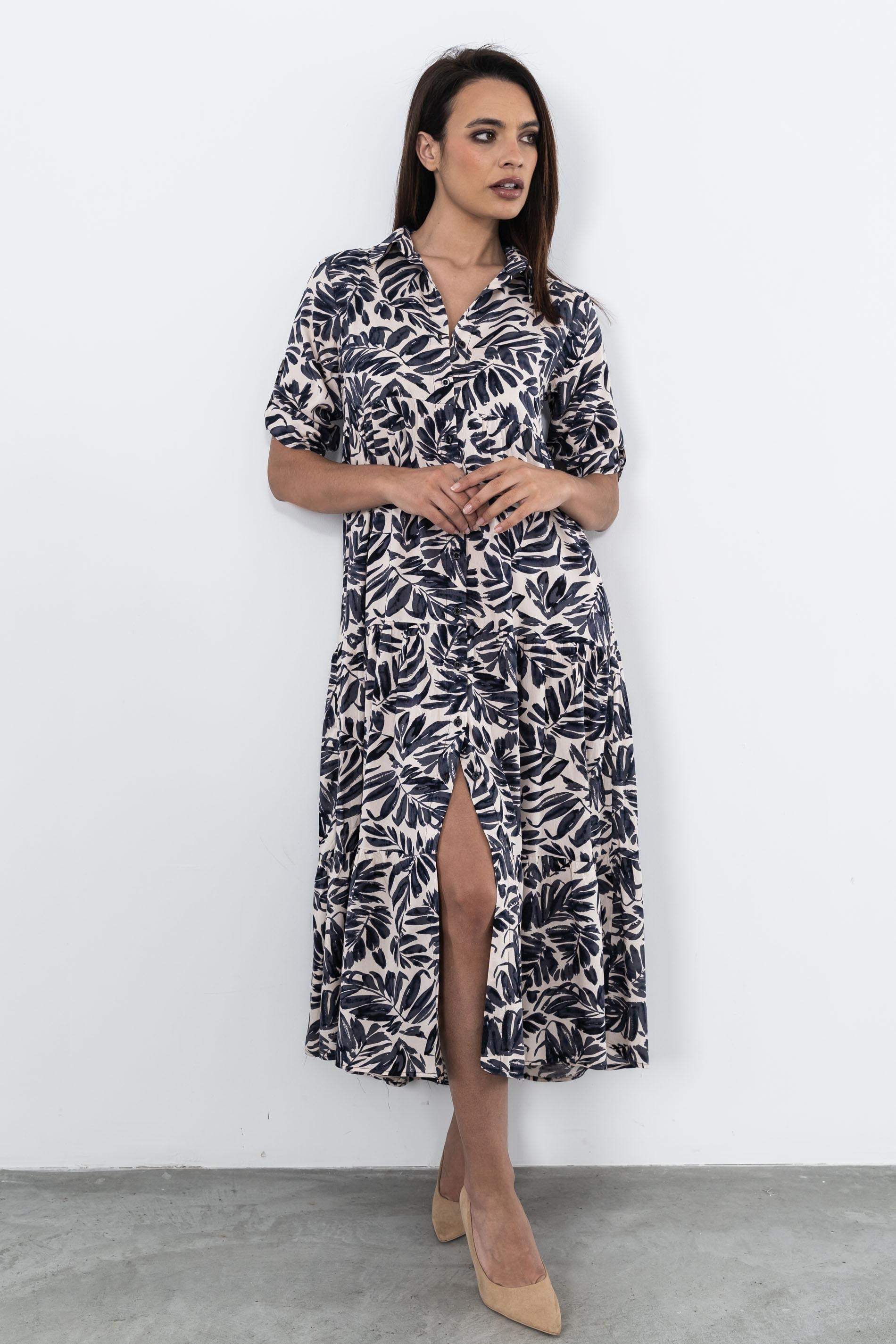VESTIDO CAMISERO HOJAS BICOLOR
