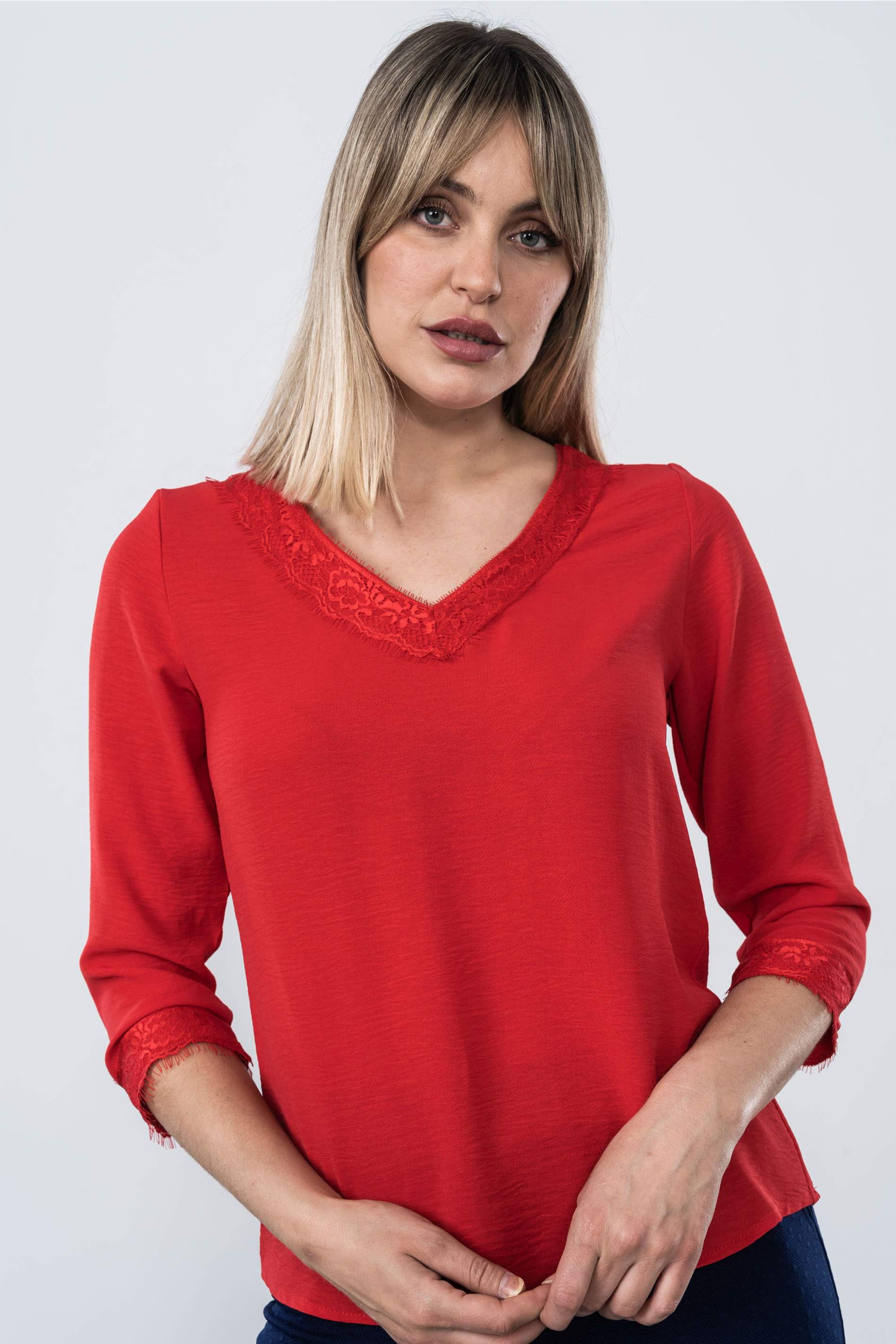 BLUSA COMBINADA ENCAJE MANGA FRANCESA ROJO