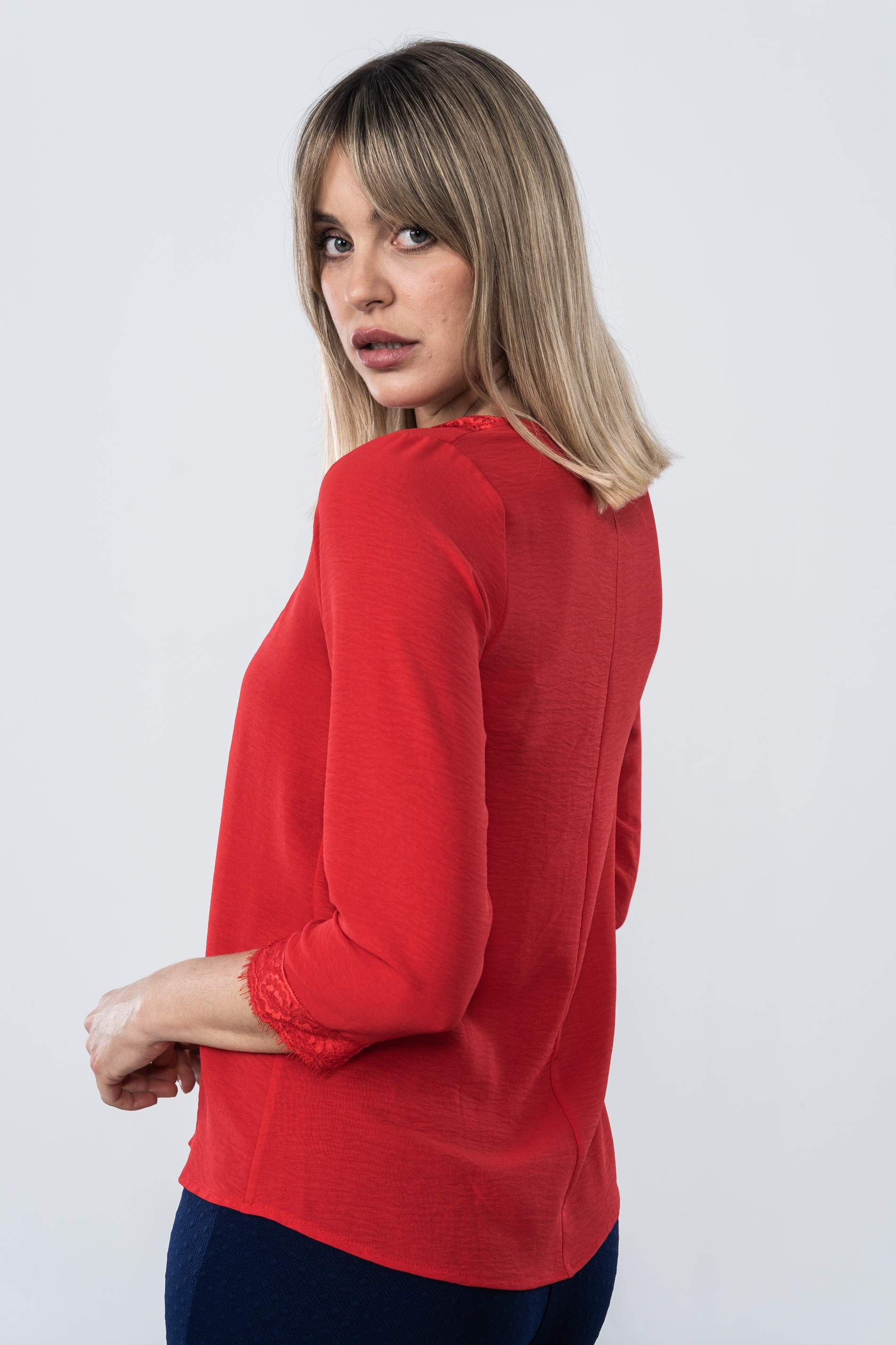 BLUSA COMBINADA ENCAJE MANGA FRANCESA ROJO