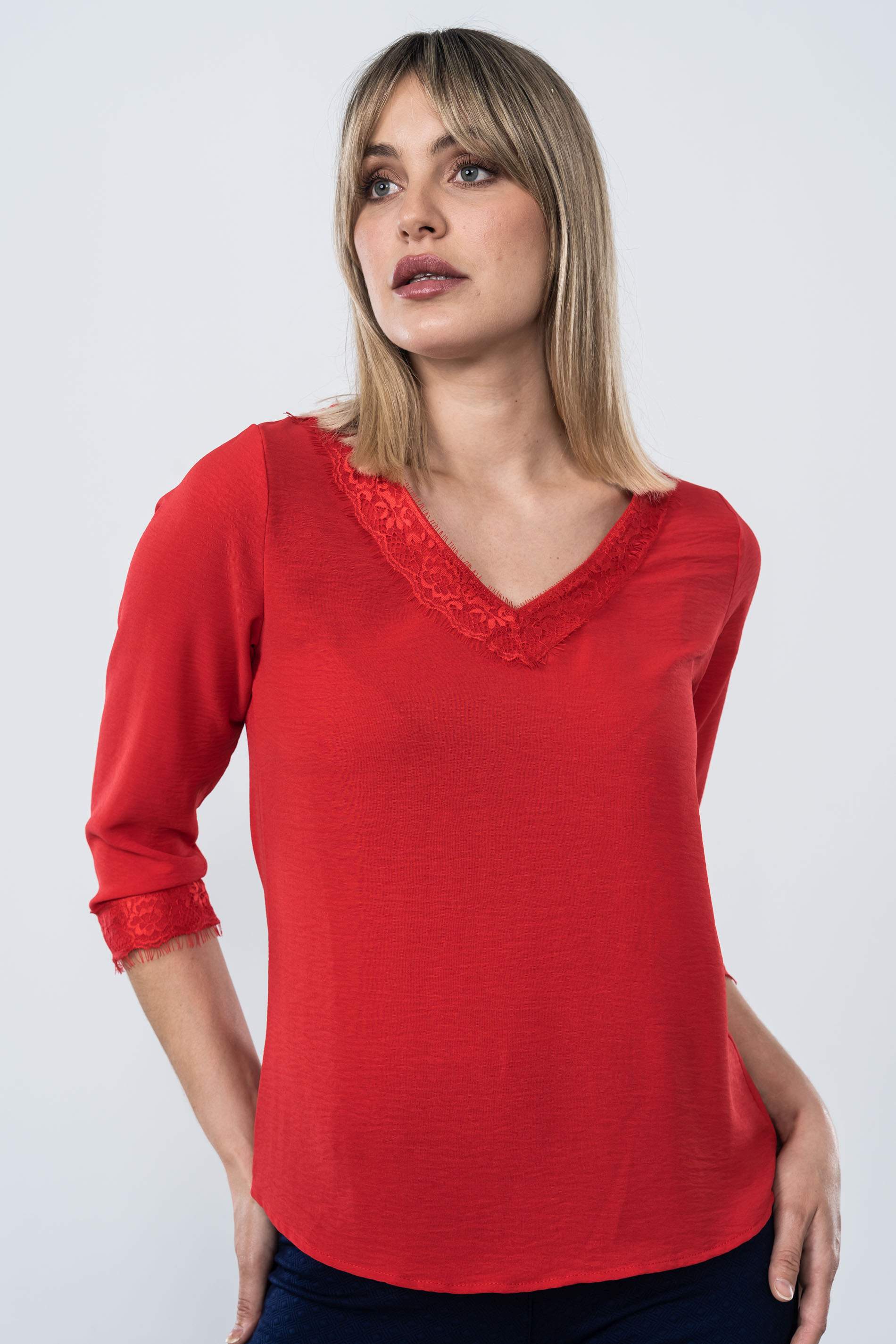 BLUSA COMBINADA ENCAJE MANGA FRANCESA ROJO