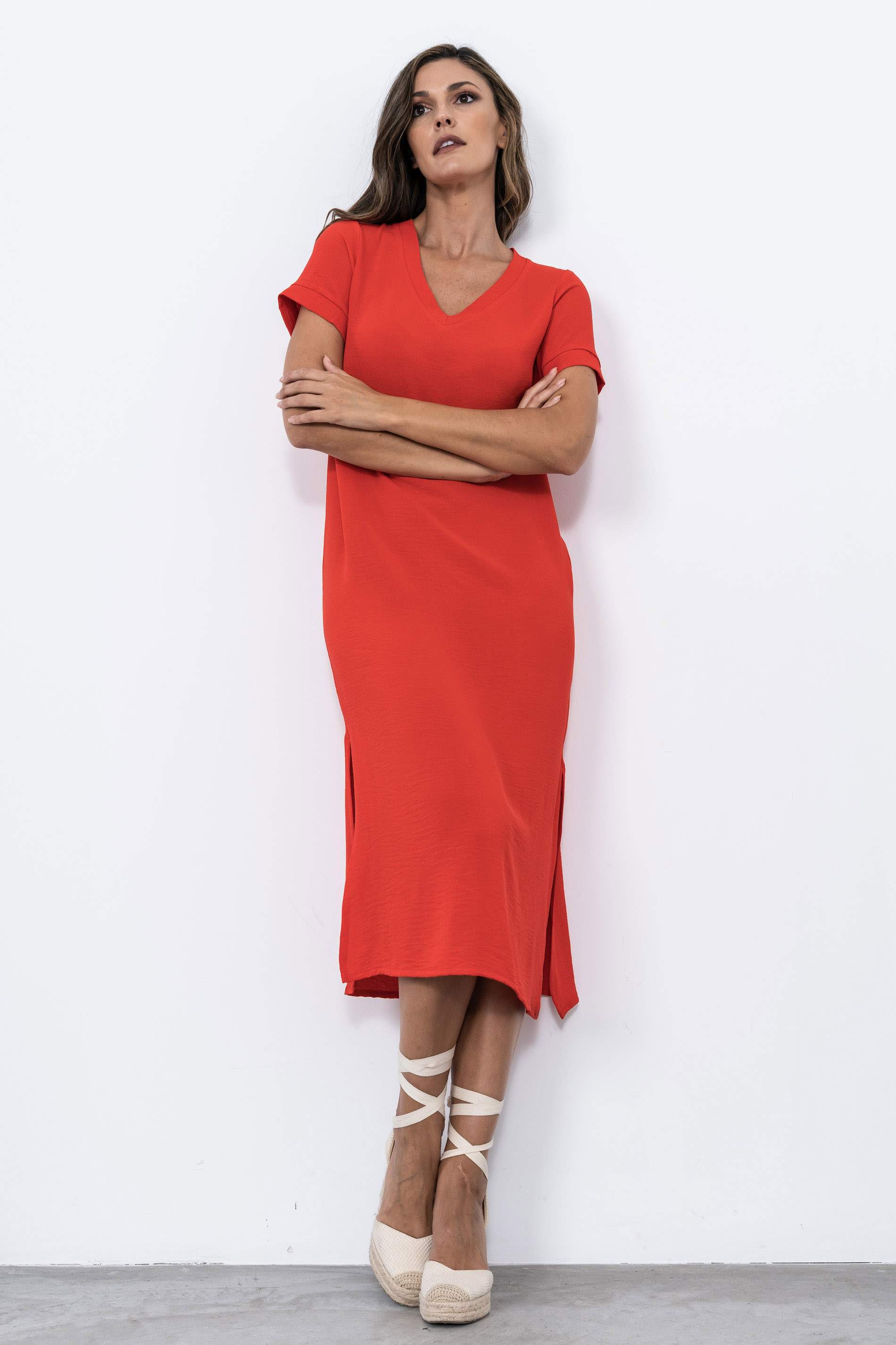 VESTIDO LARGO ABERTURAS ROJO