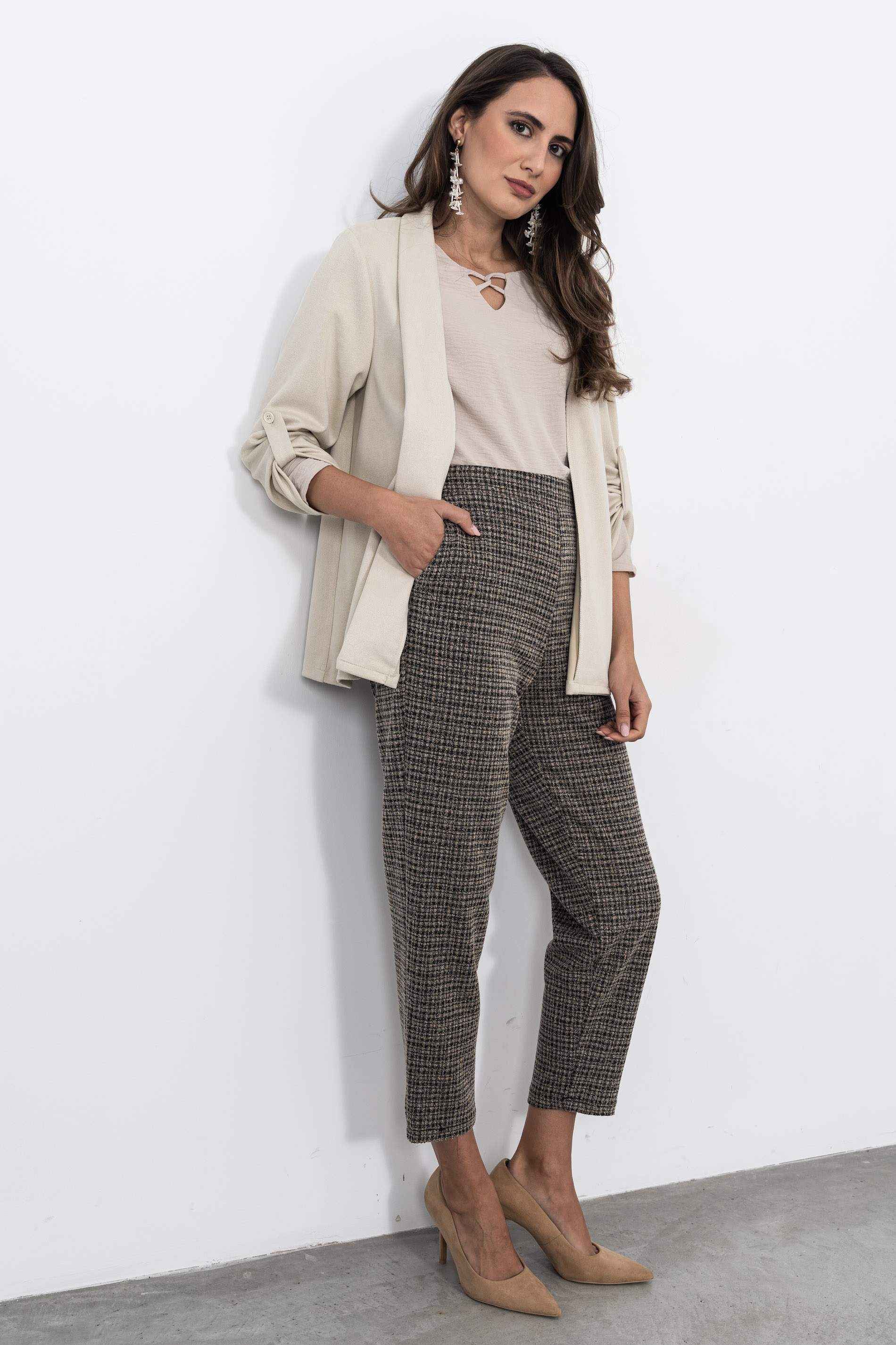 PANTALÓN MEZCLA GOMA CINTURA BEIGE