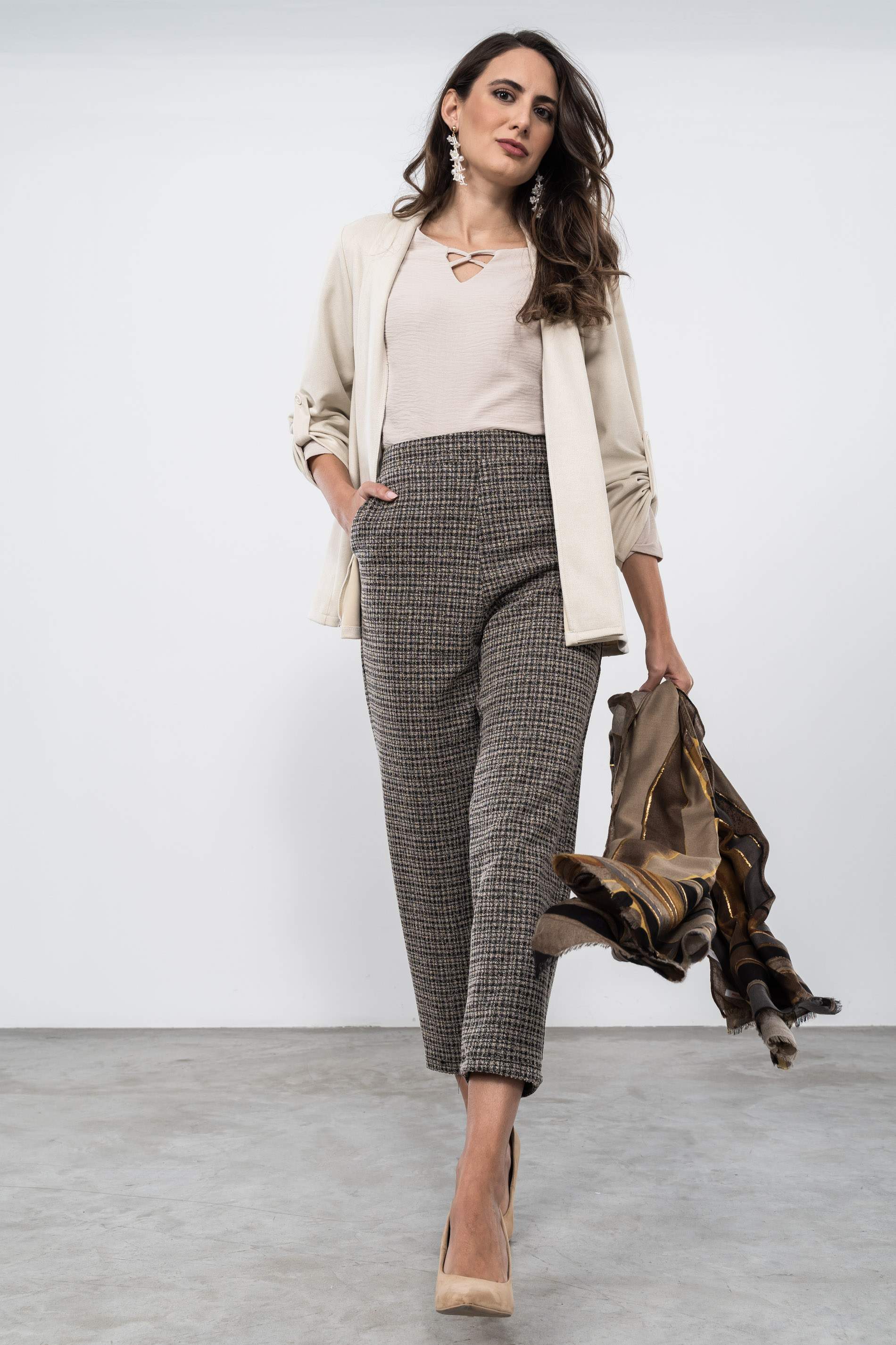 PANTALÓN MEZCLA GOMA CINTURA BEIGE