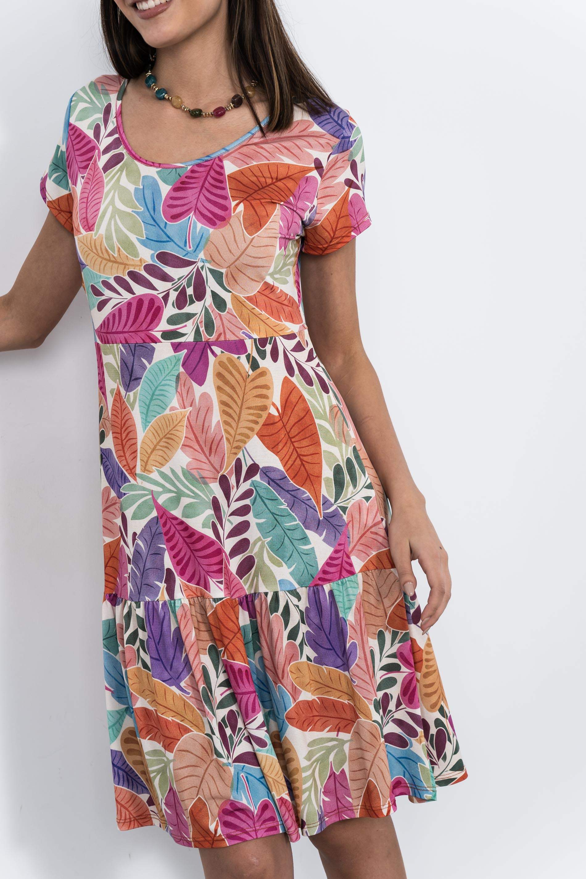 VESTIDO VOLANTE HOJAS COLOR