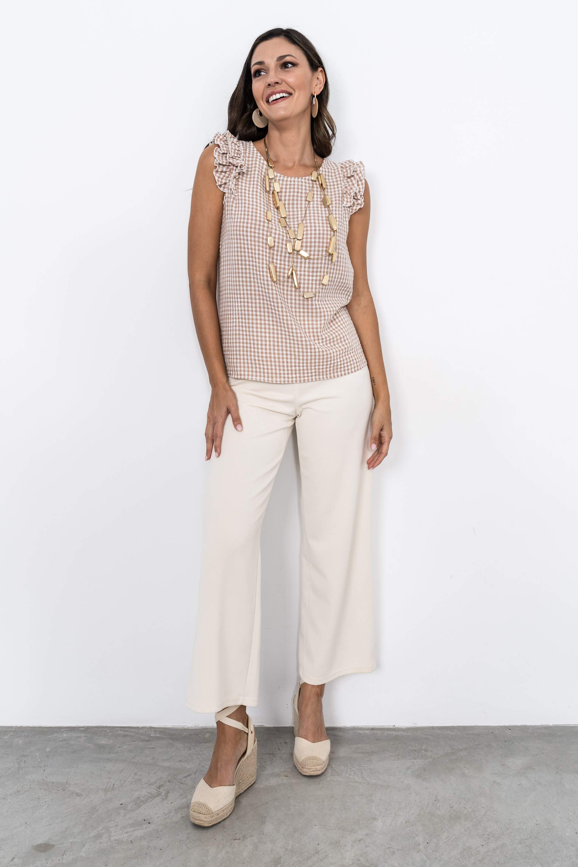 BLUSA VOLANTE CUADRO VICHY BEIGE