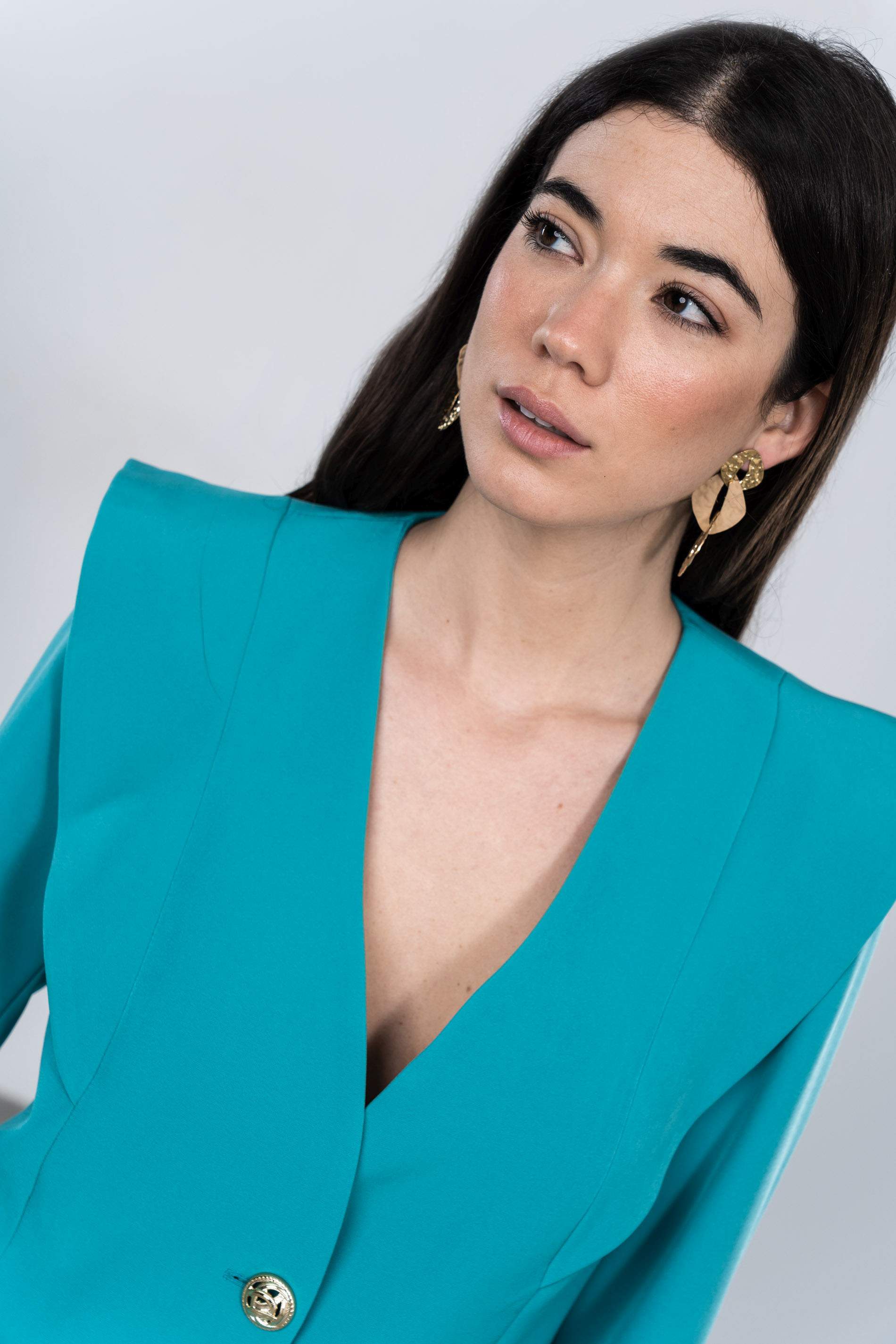 CHAQUETA DISEÑO BOTÓN ORO TURQUESA