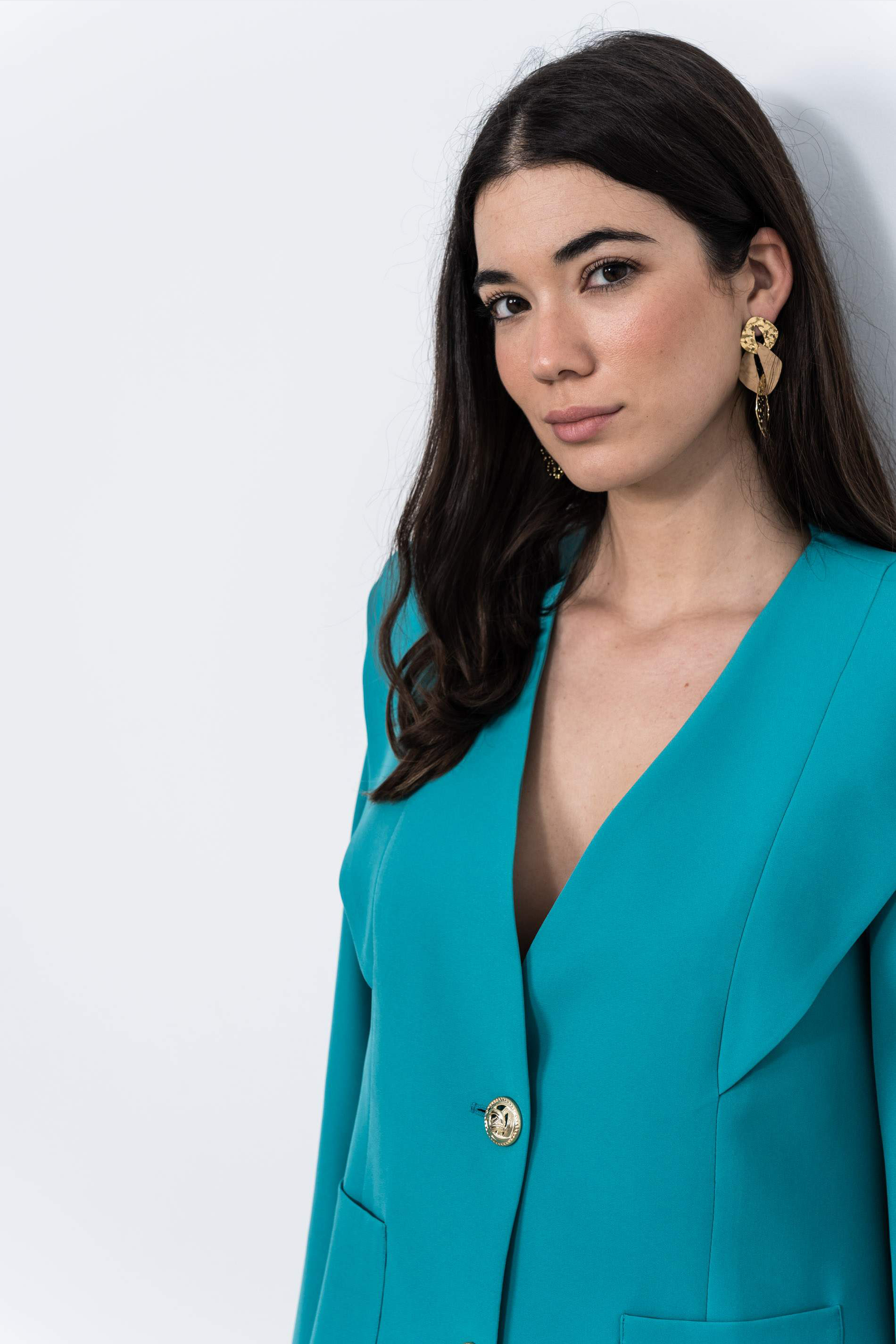 CHAQUETA DISEÑO BOTÓN ORO TURQUESA