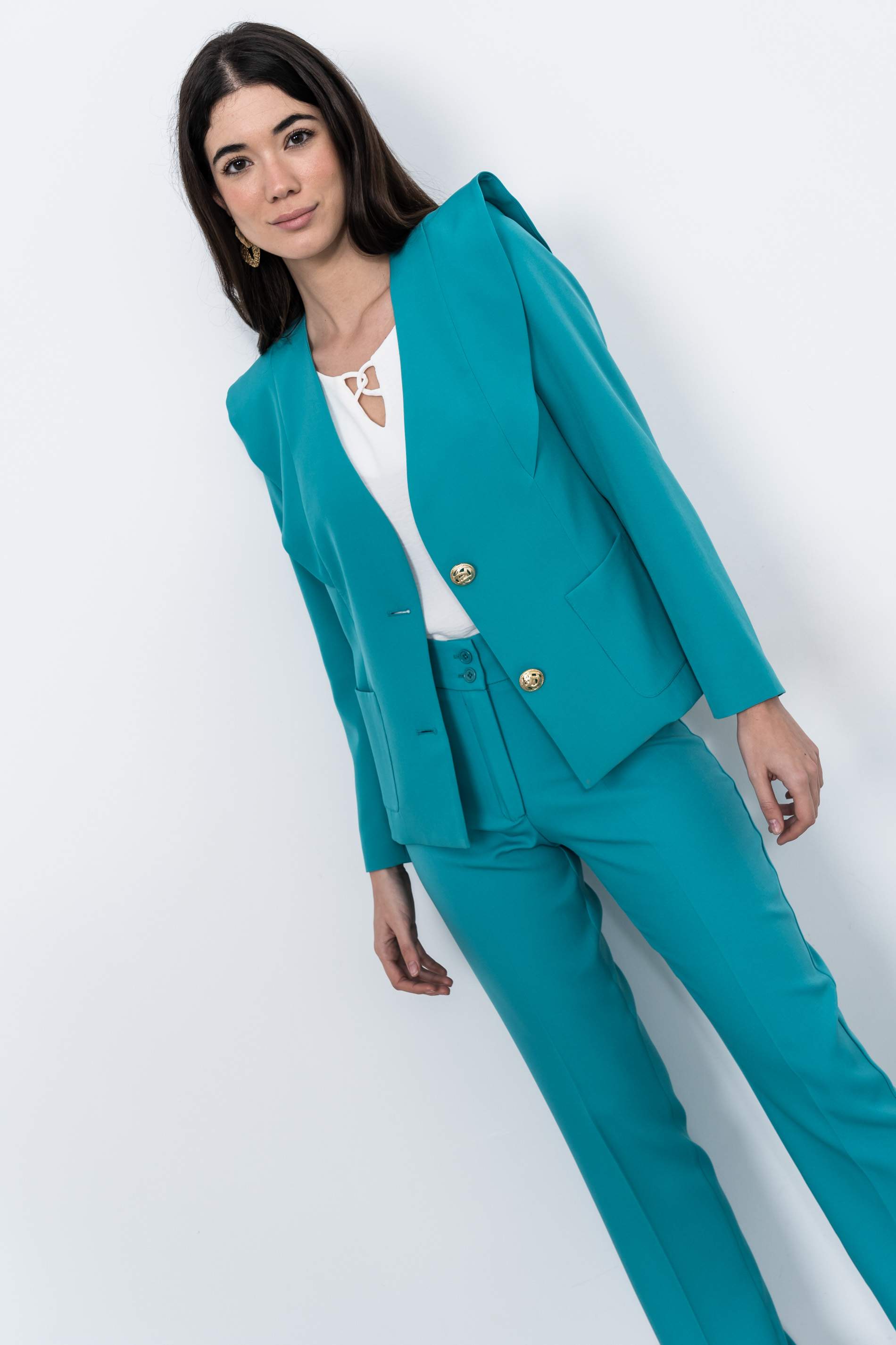 CHAQUETA DISEÑO BOTÓN ORO TURQUESA