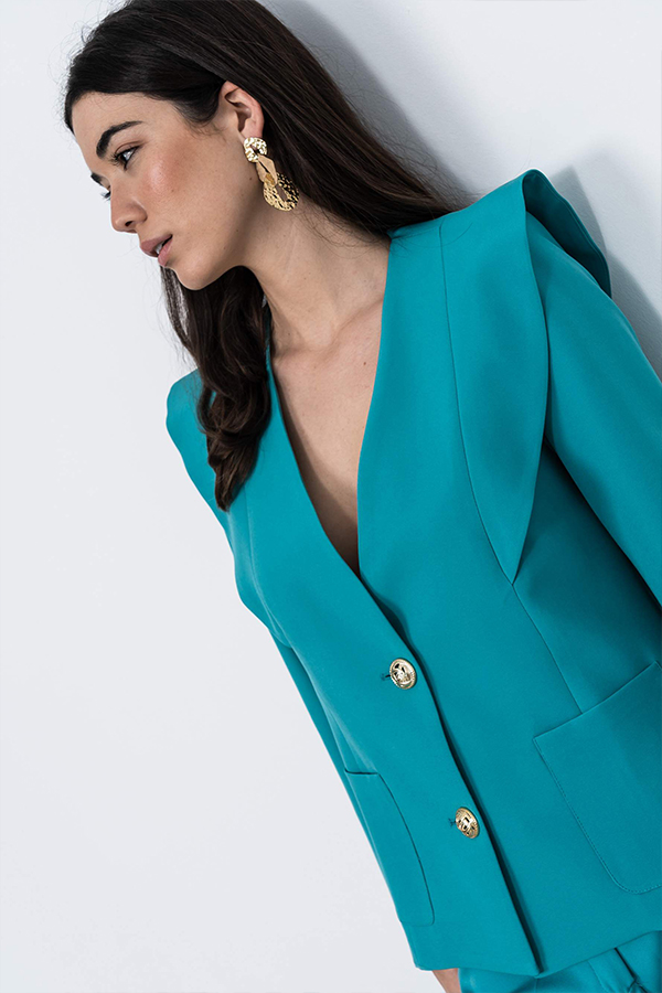 CHAQUETA DISEÑO BOTÓN ORO TURQUESA