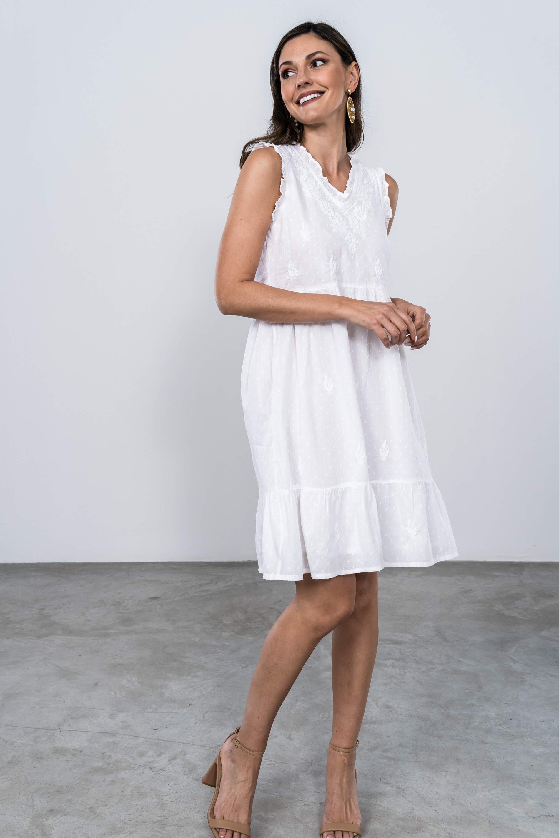 VESTIDO PLUMETI BORDADO CUELLO PICO BLANCO