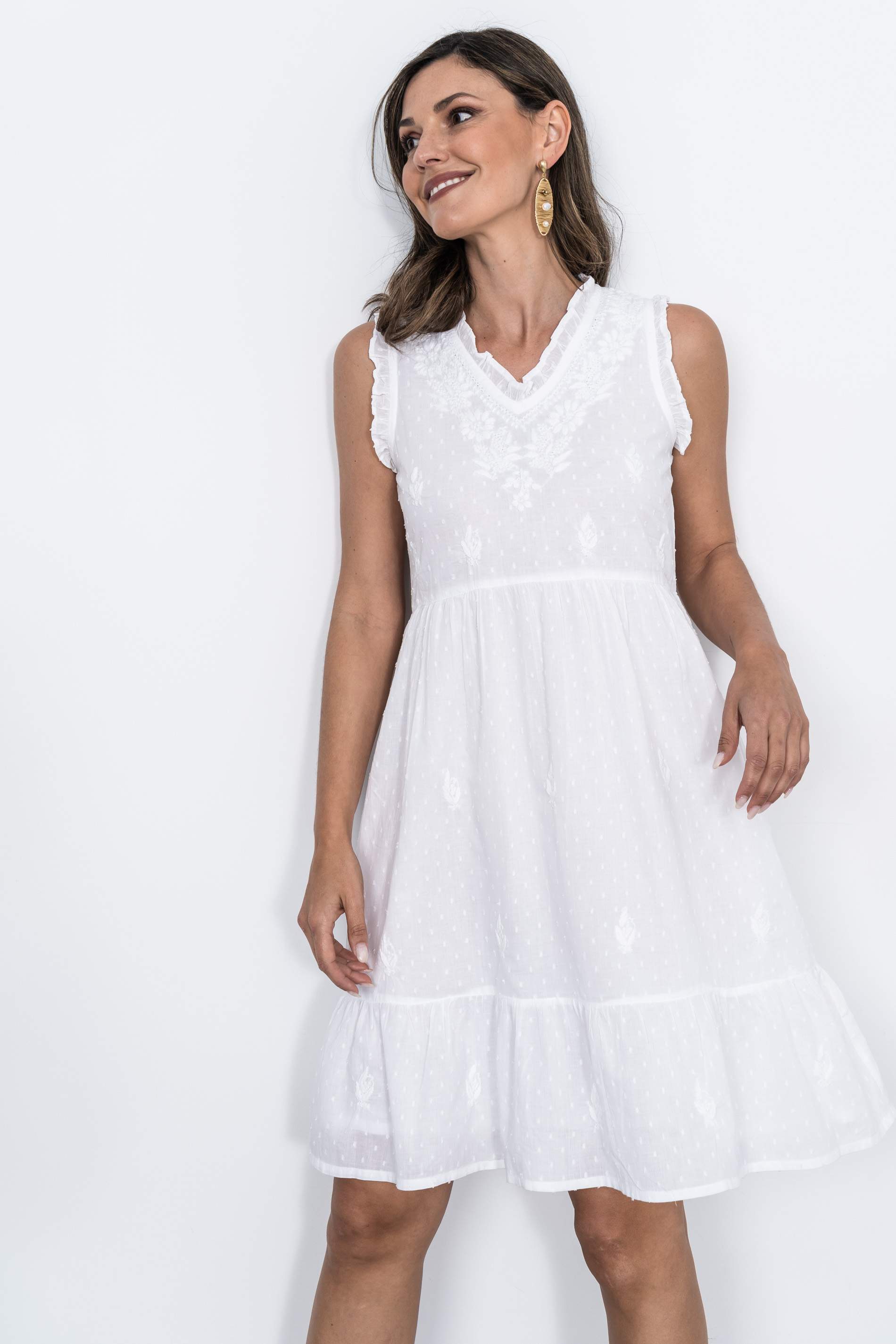 VESTIDO PLUMETI BORDADO CUELLO PICO BLANCO