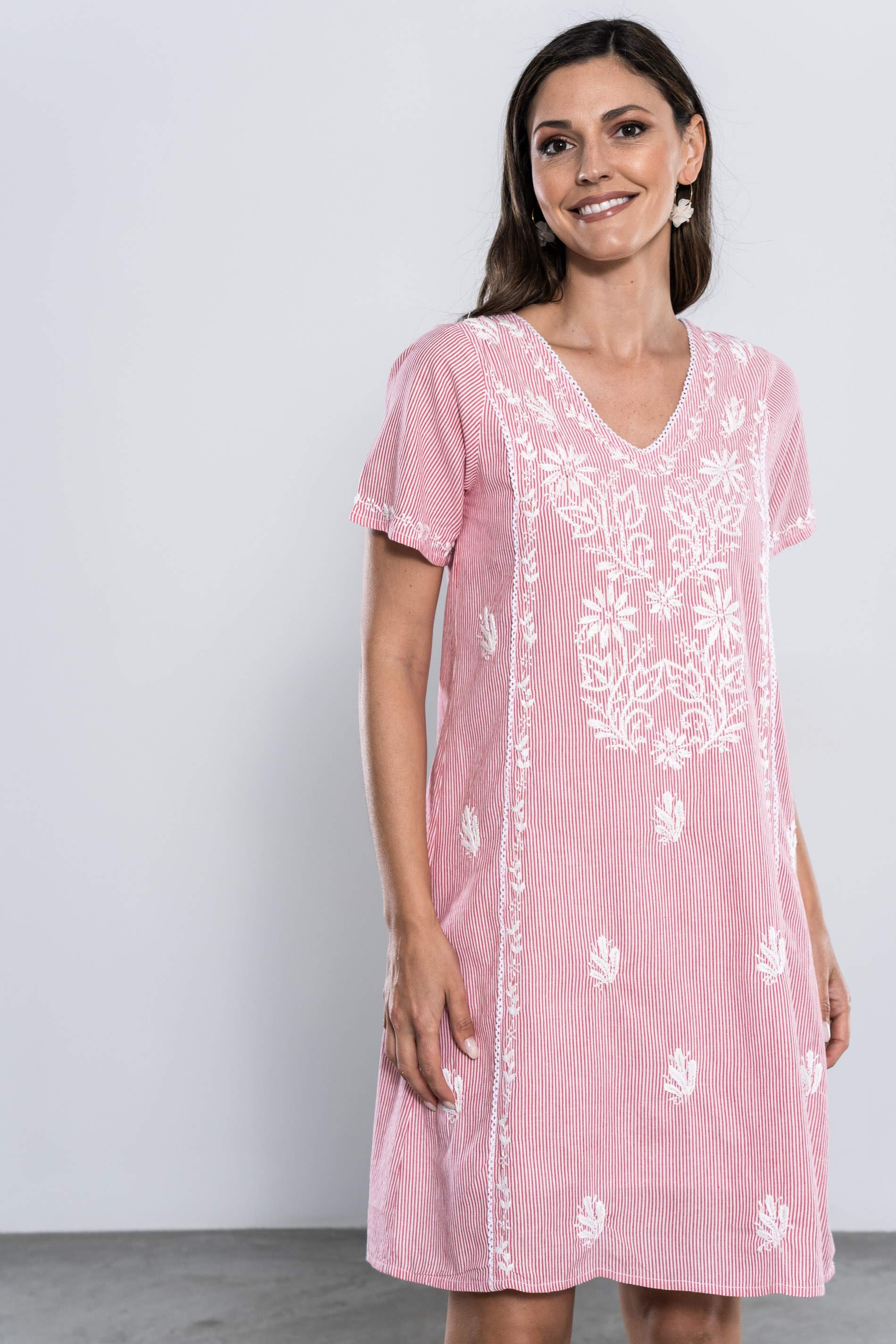 VESTIDO RAYAS DELANTERO BORDADO ROJO