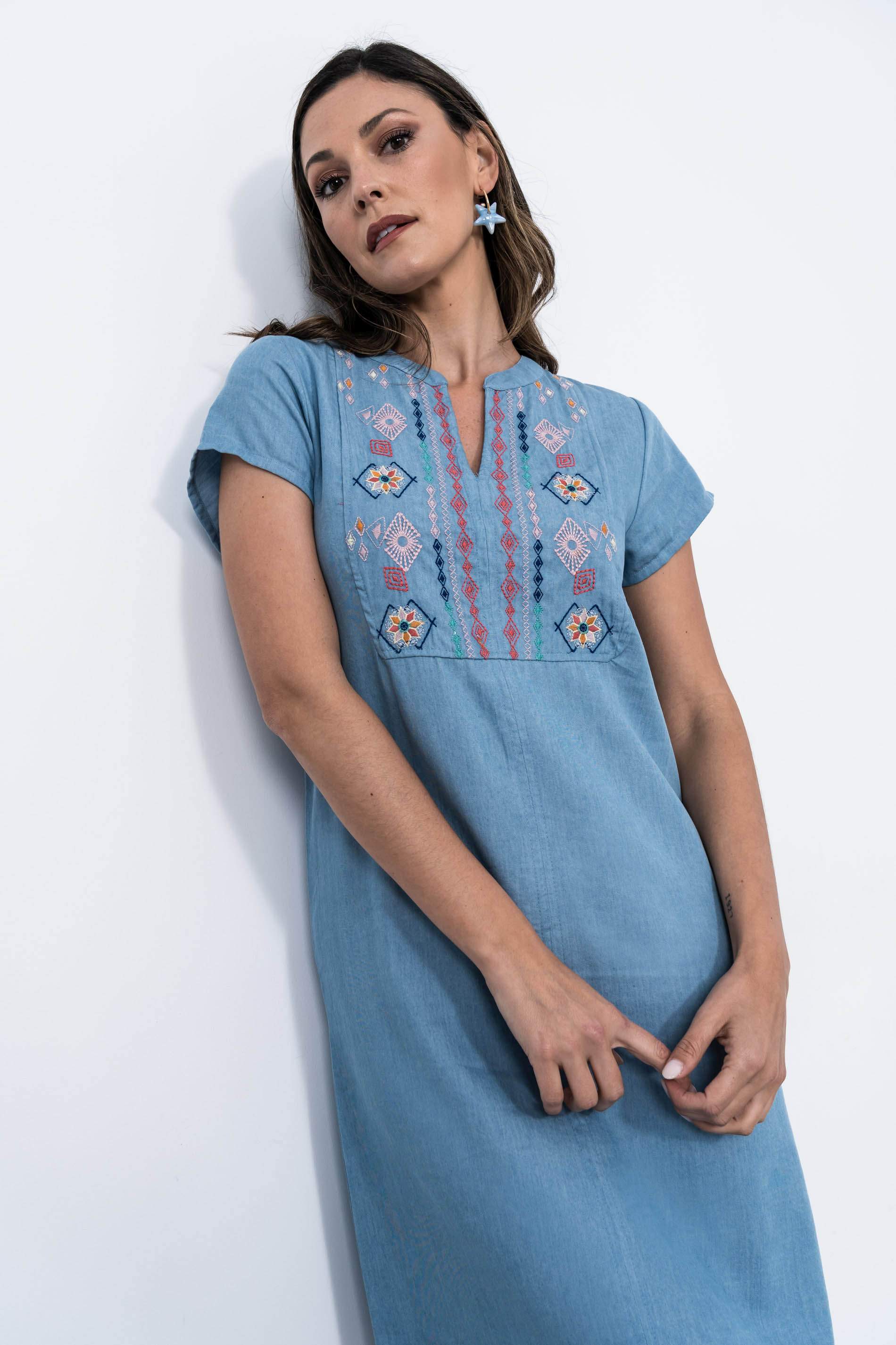 VESTIDO DENIM BORDADOS AZUL