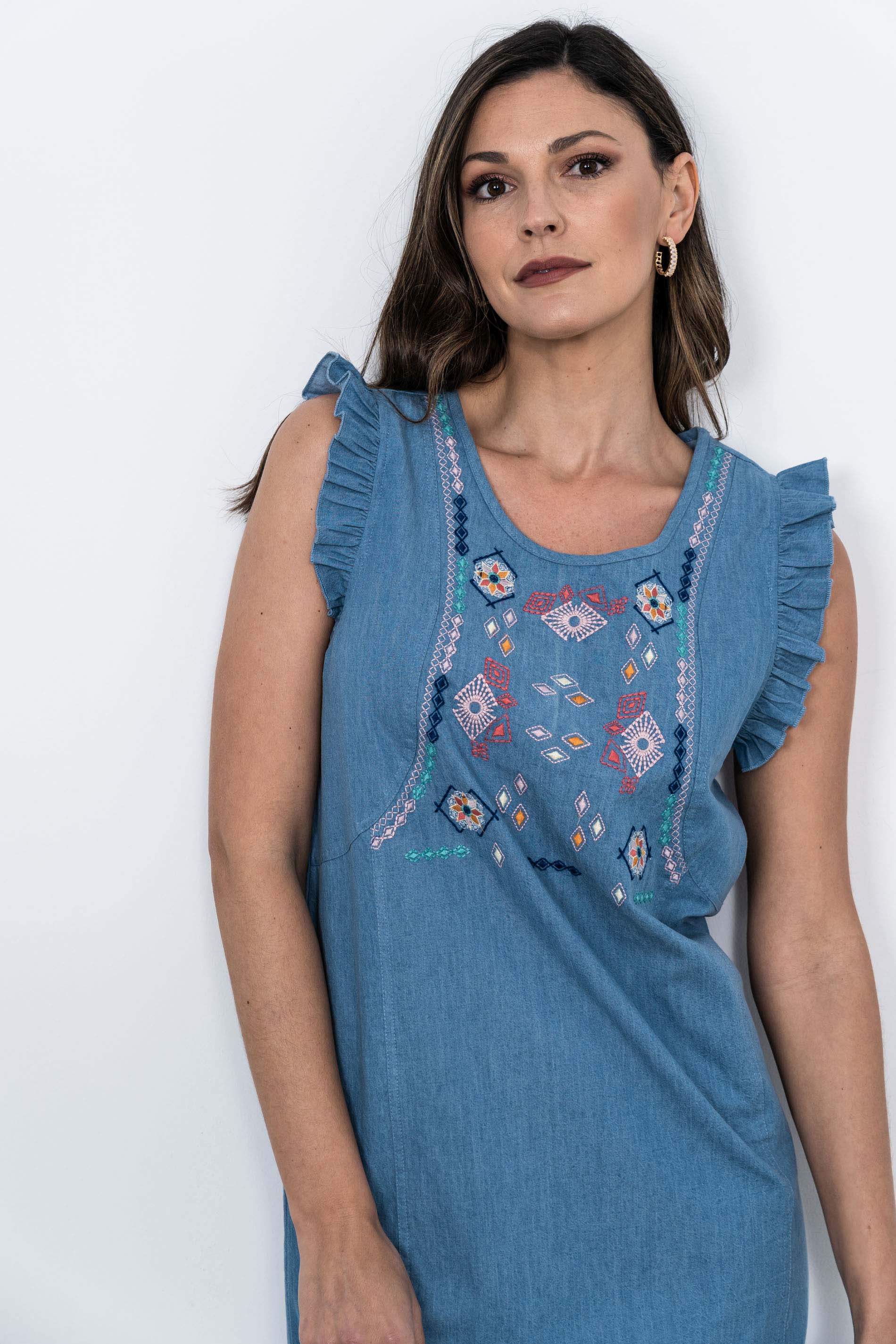 VESTIDO DENIM BORDADO VOLANTITO AZUL