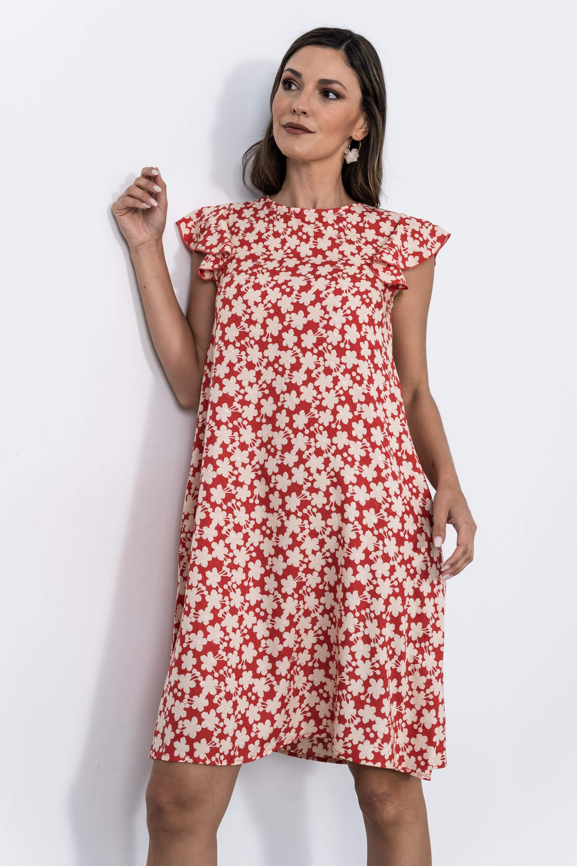 VESTIDO FLORAL MANGAS CAPAS ROJO