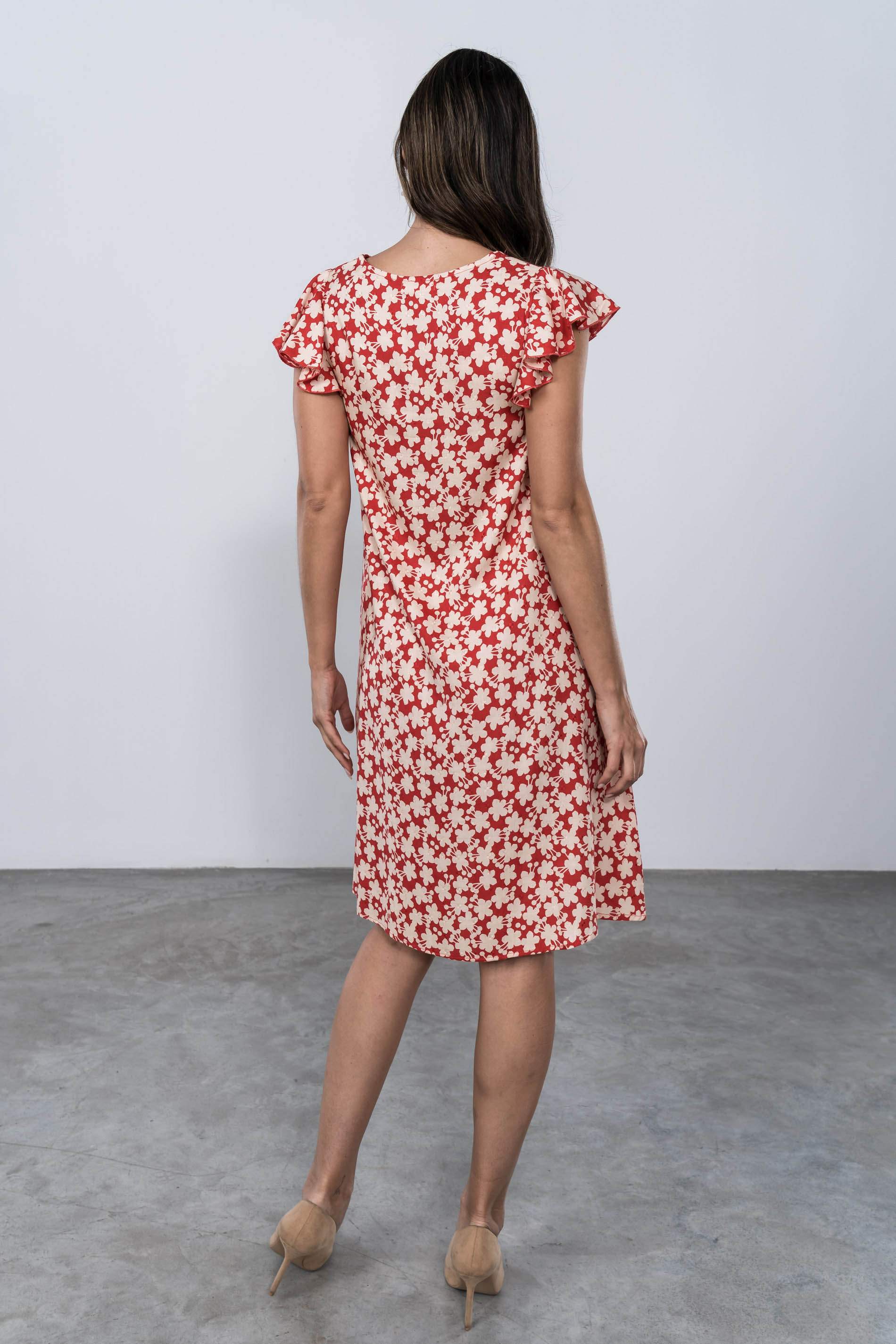 VESTIDO FLORAL MANGAS CAPAS ROJO