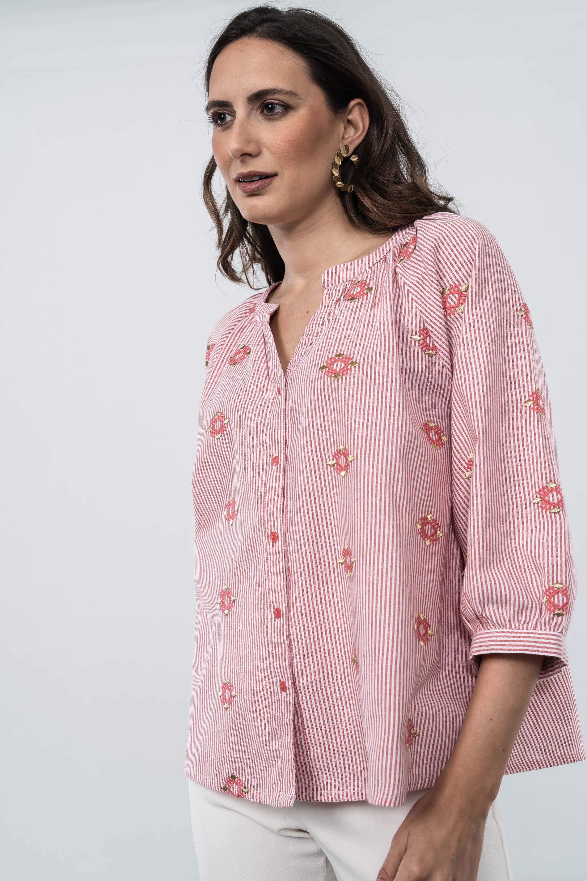BLUSA RAYAS BORDADOS ROJO