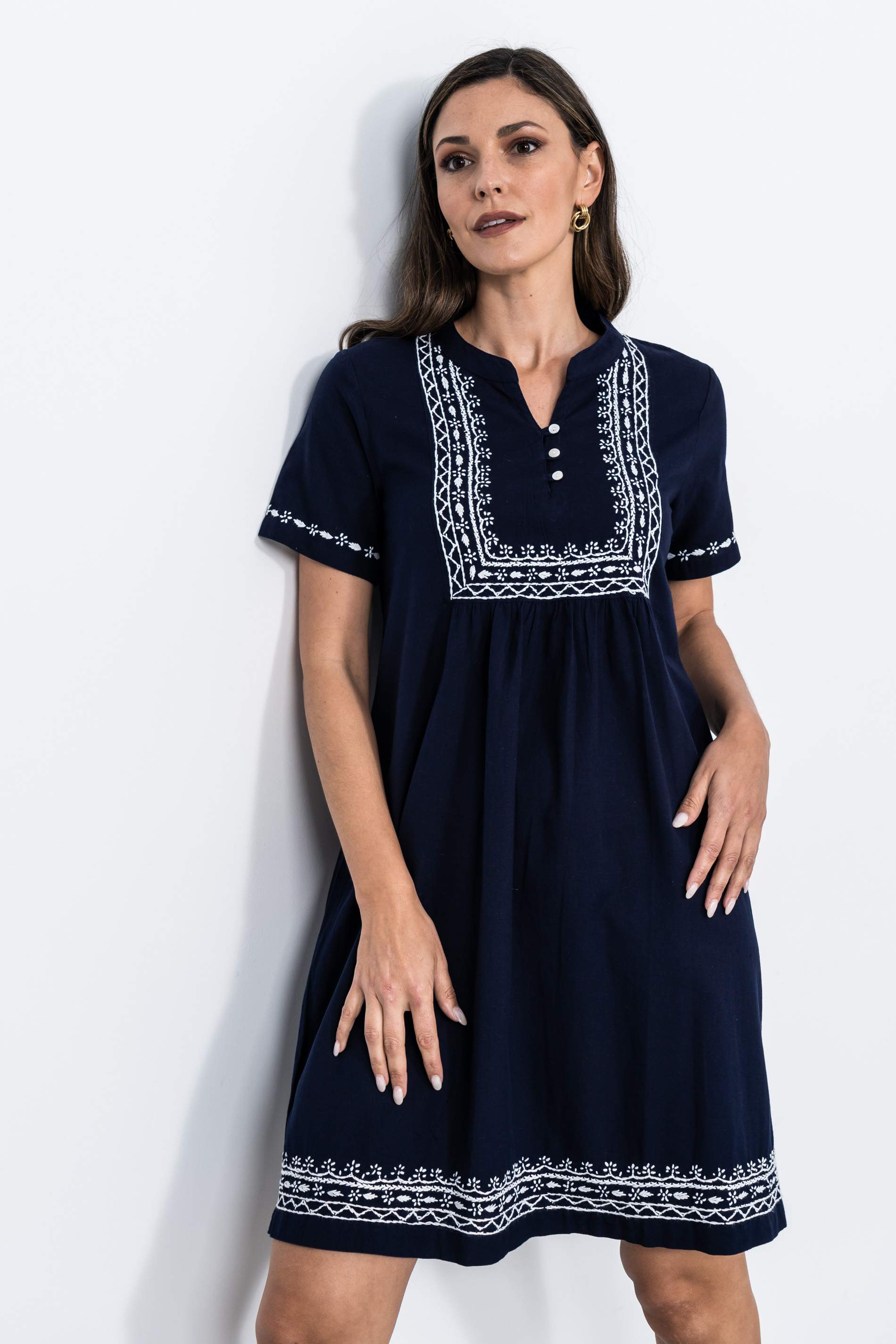 VESTIDO RAYAS PECHERA BORDADA MARINO