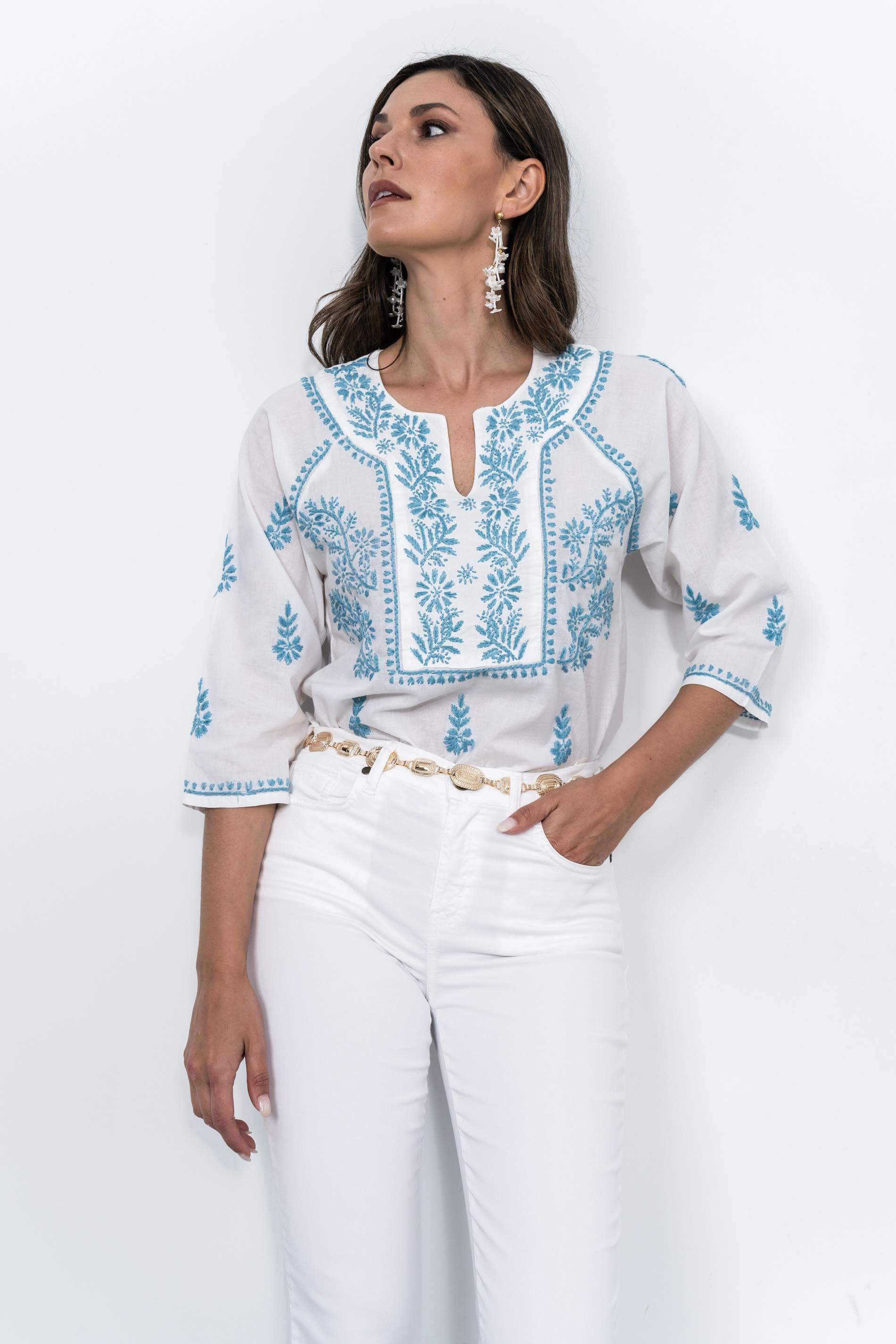 BLUSA BORDADOS CONTRASTE TURQUESA