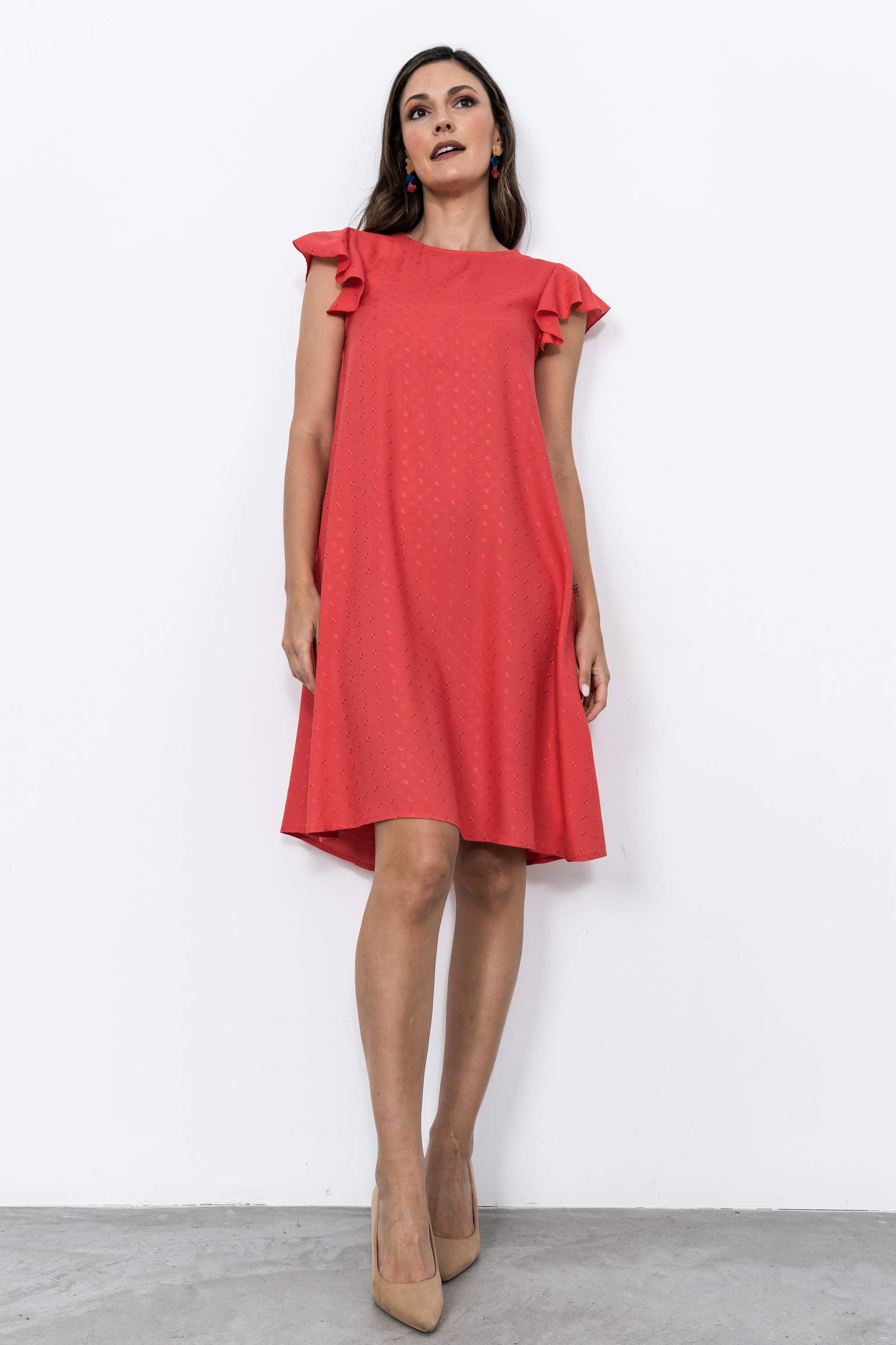 VESTIDO MANGA CAPAS CORAL