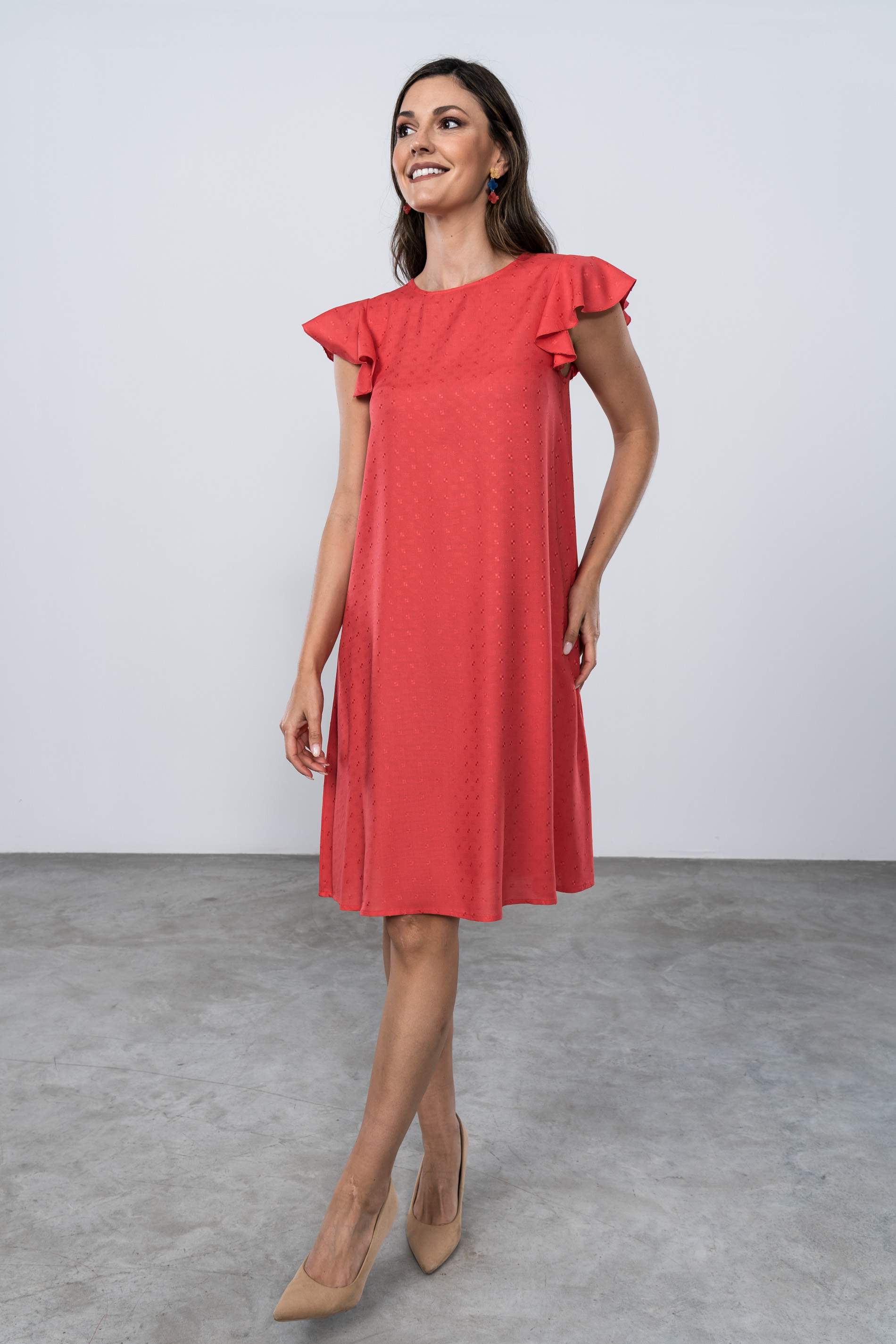 VESTIDO MANGA CAPAS CORAL