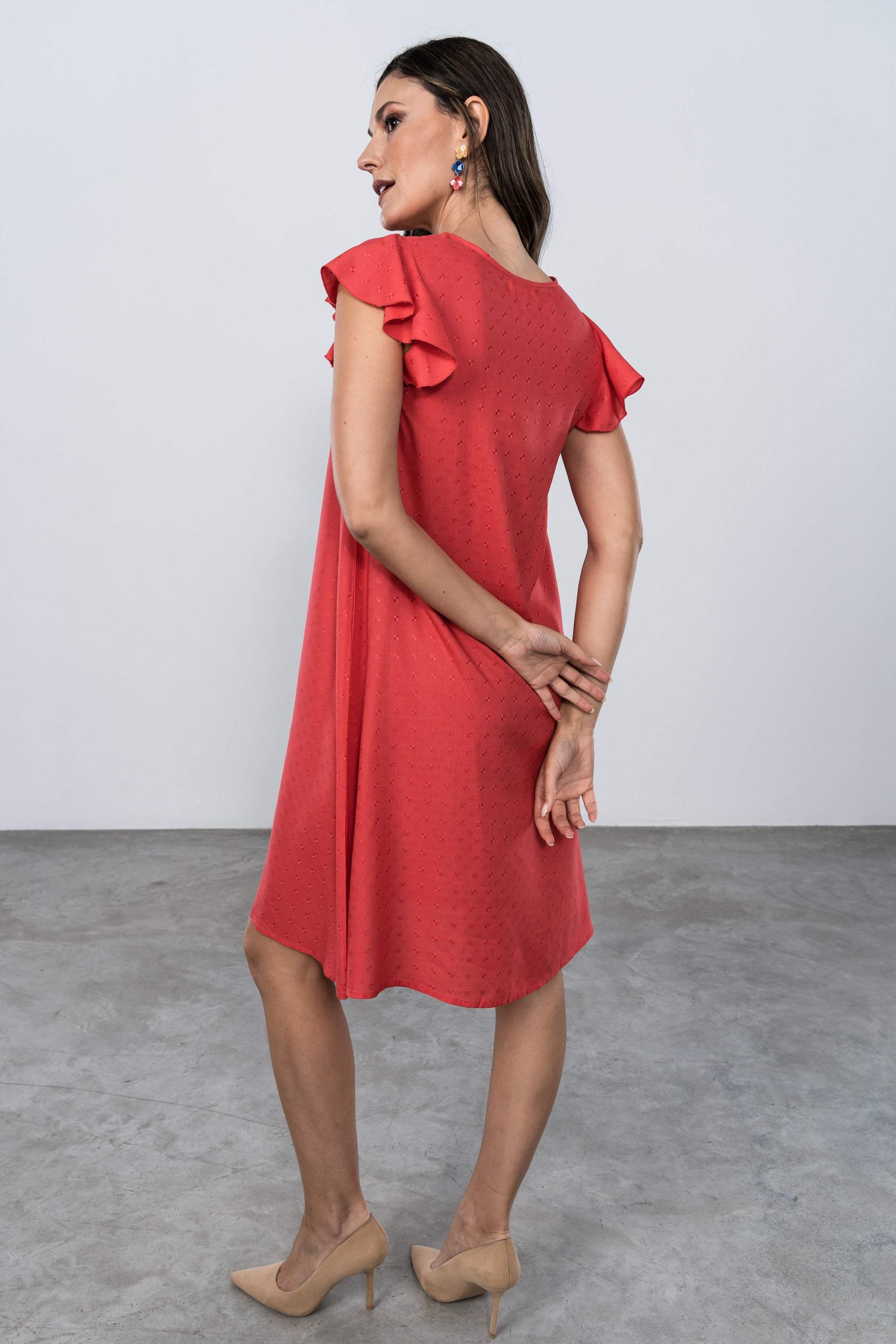 VESTIDO MANGA CAPAS CORAL