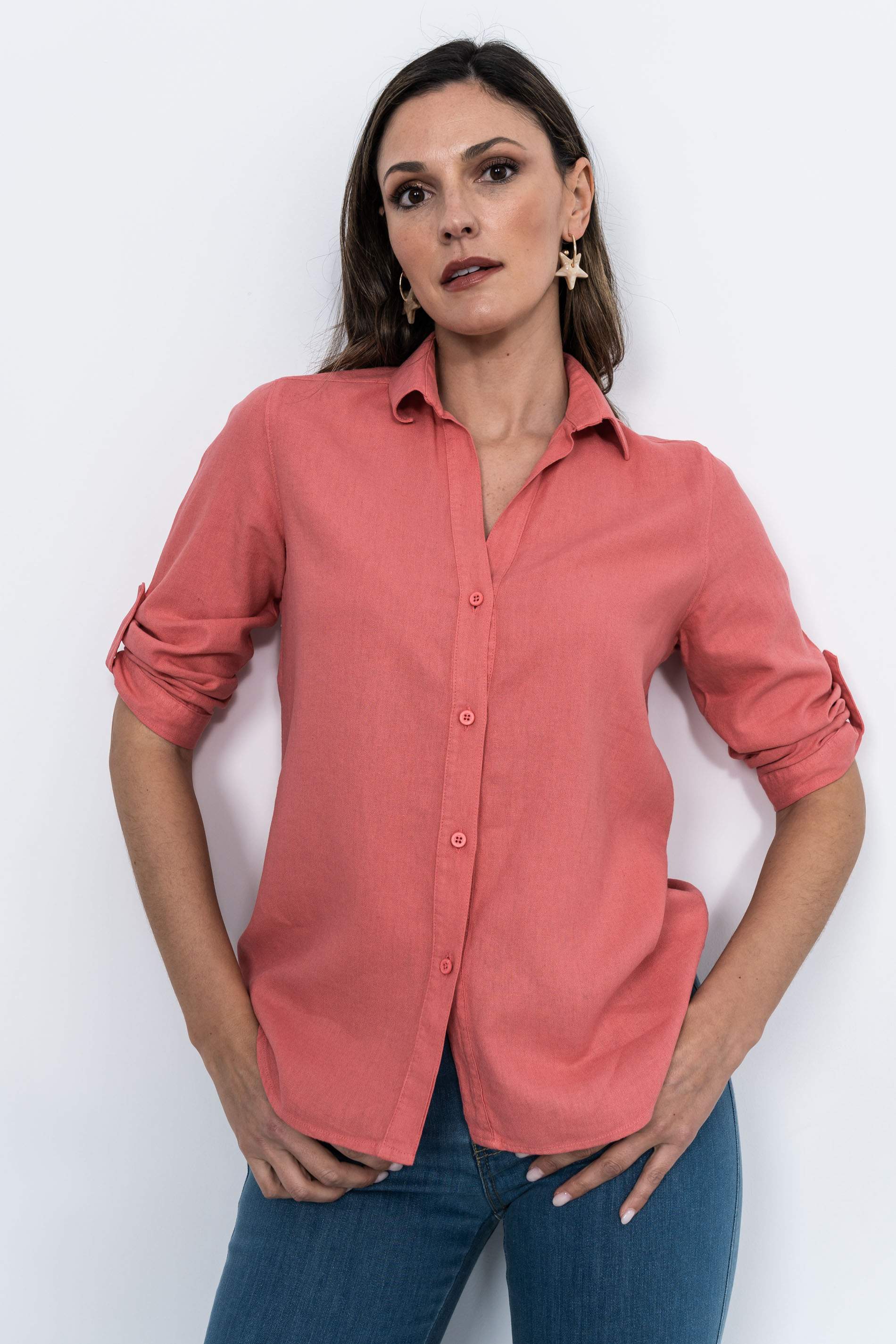 CAMISA EFECTO LINO CORAL