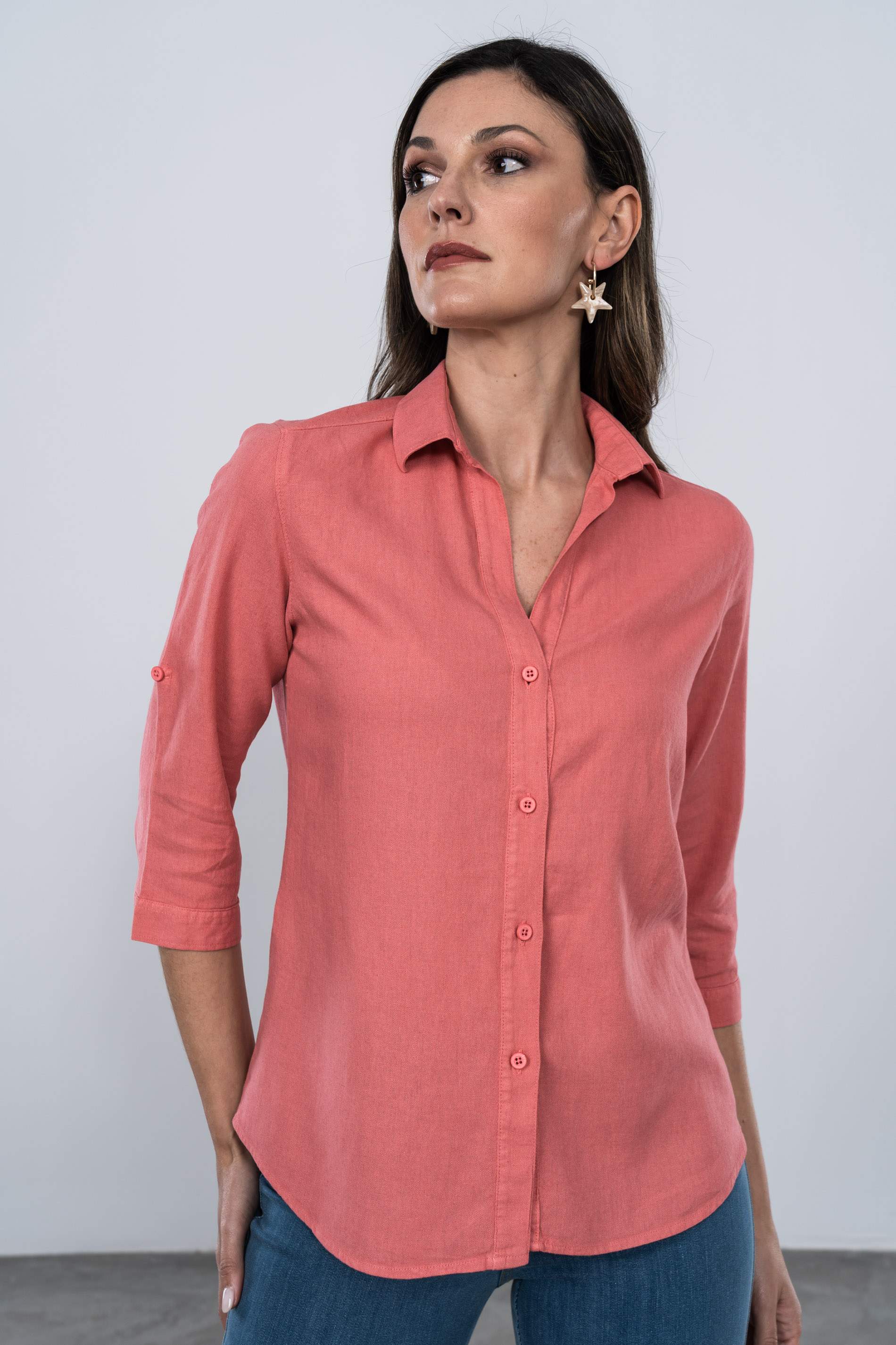 CAMISA EFECTO LINO CORAL