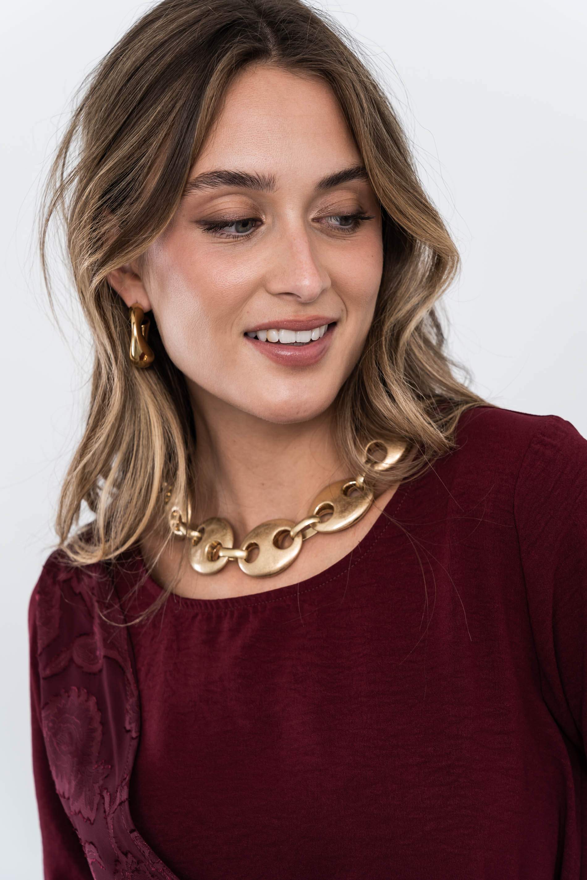 BLUSA EFECTO CRUZADO COMBINADA BURDEOS