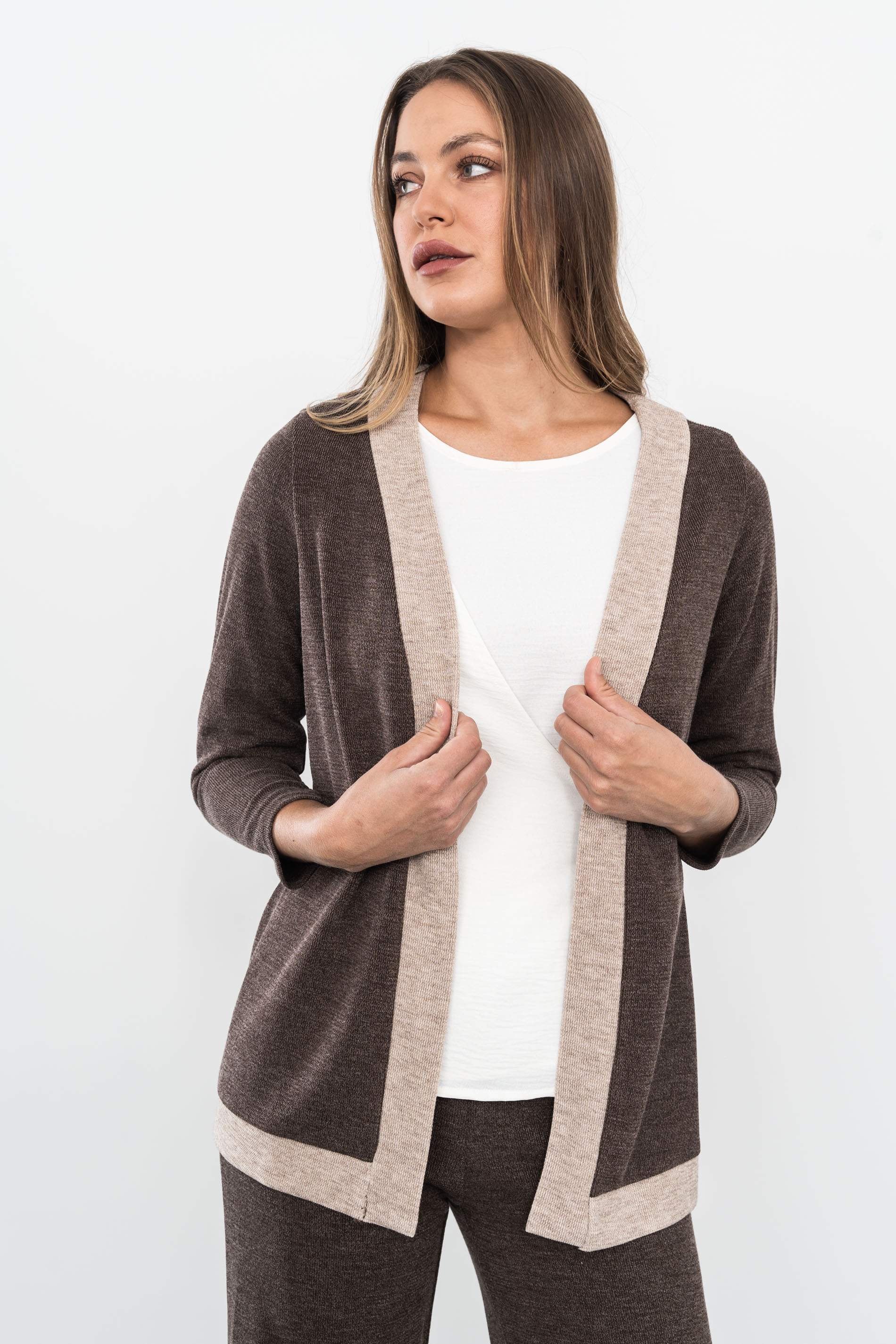 CHAQUETA PUNTO TEXTURA BICOLOR CHOCOLATE