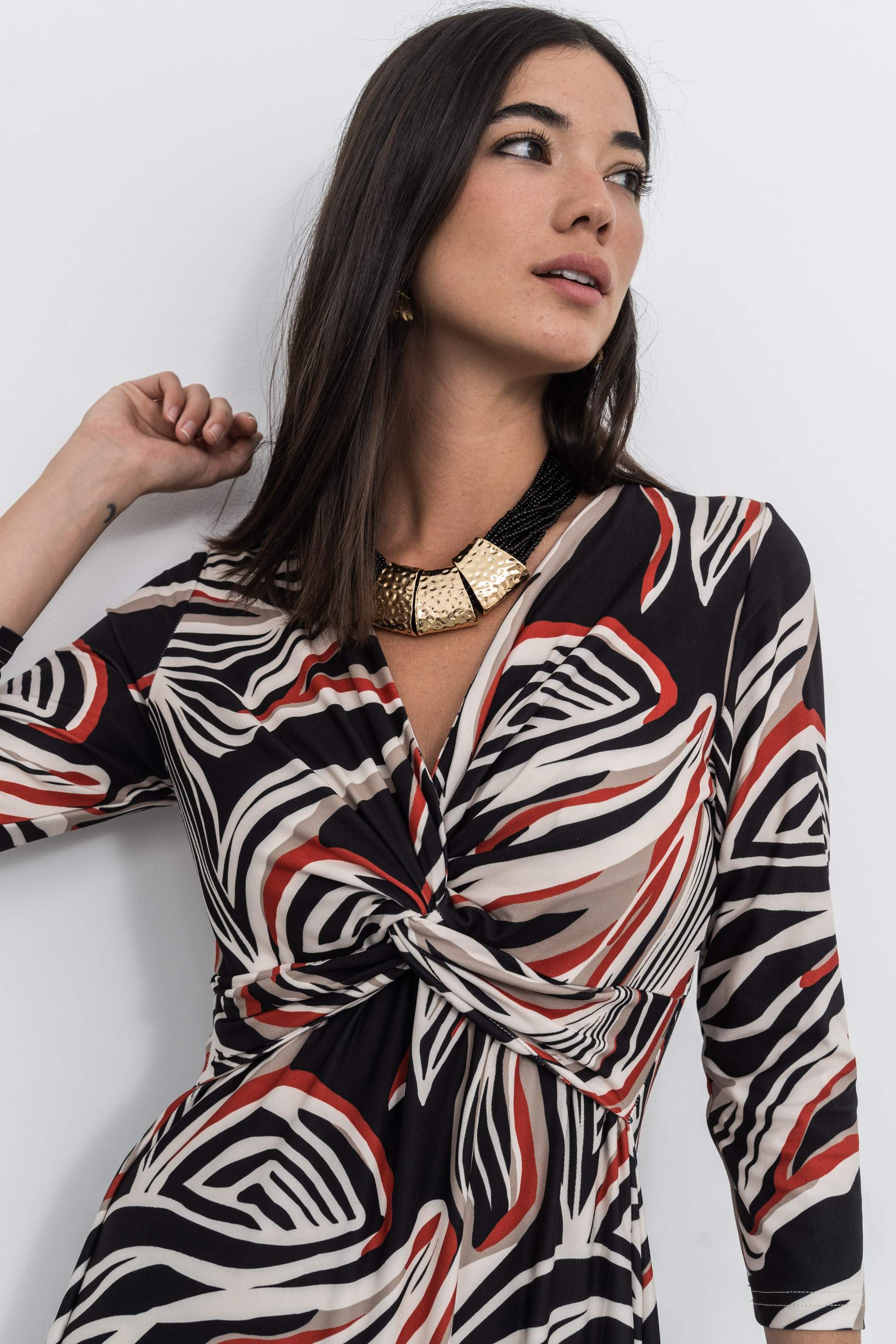 VESTIDO NUDO ESTAMPADO HOJAS