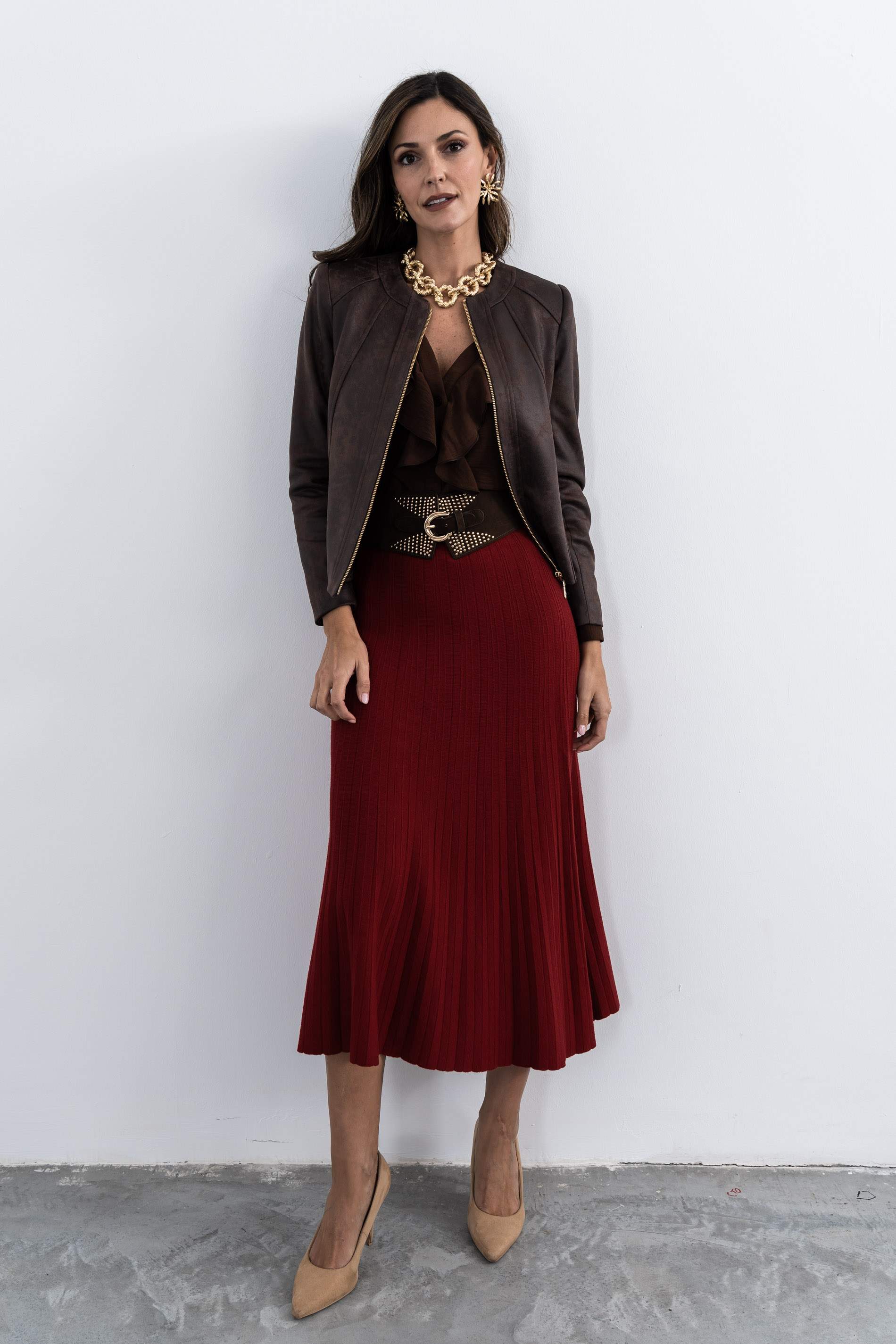 BLUSA VOLANTE MANGA LARGA CHOCOLATE