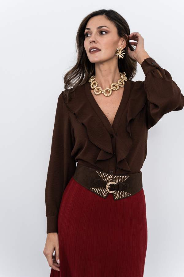 BLUSA VOLANTE MANGA LARGA CHOCOLATE