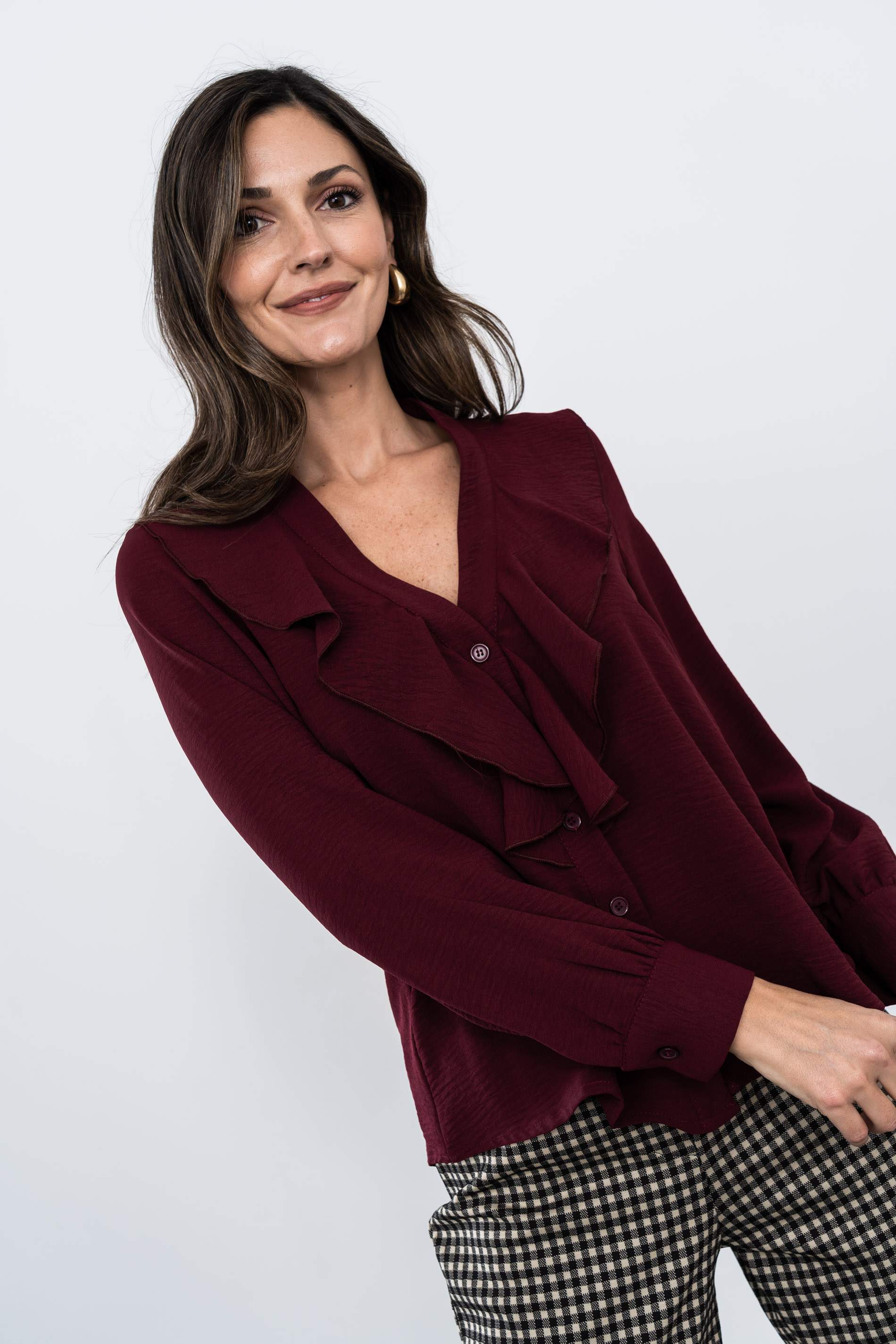 BLUSA VOLANTE MANGA LARGA GRANATE