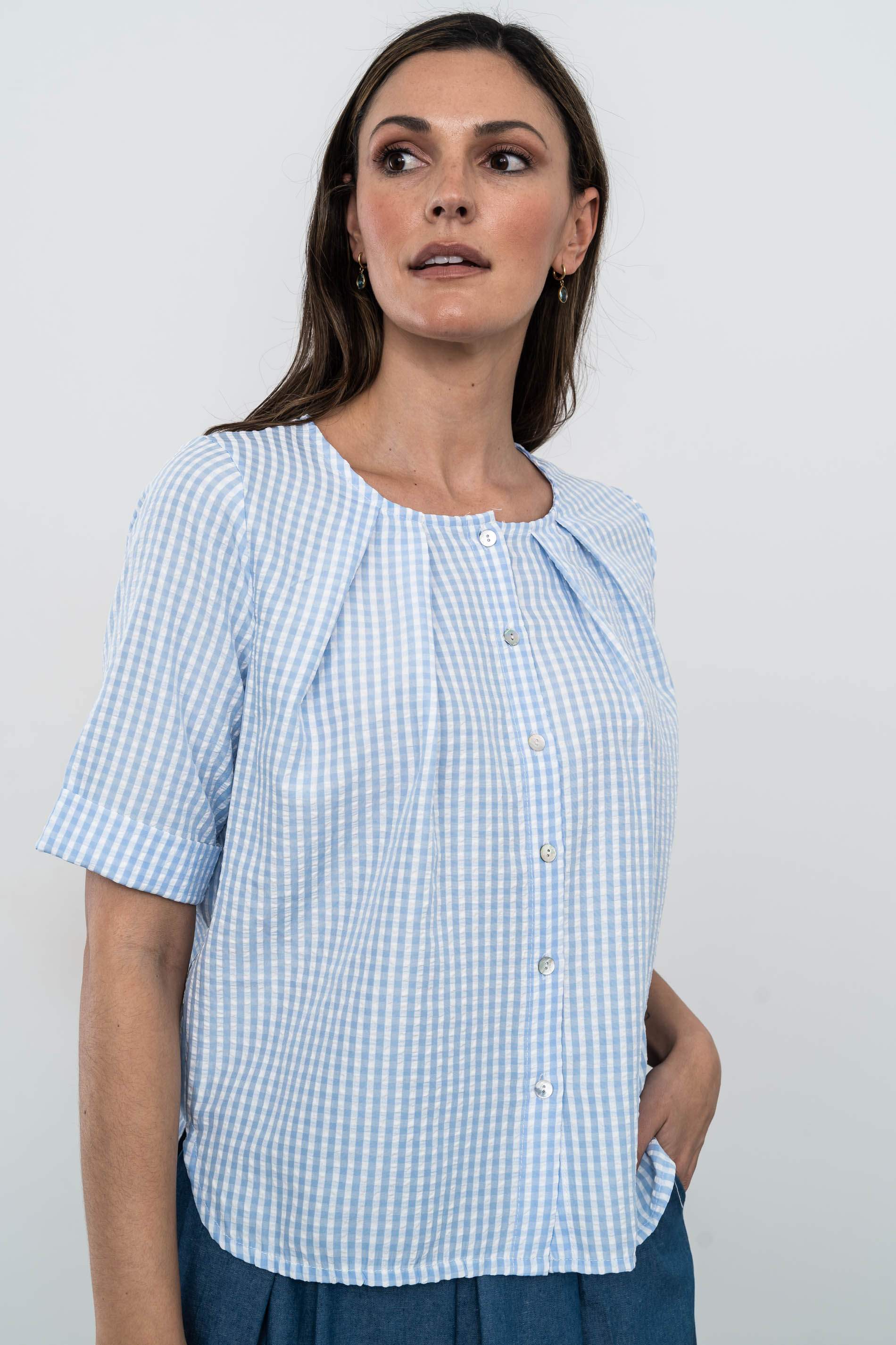 BLUSA TABLAS BOTONES CUADRITOS CELESTE