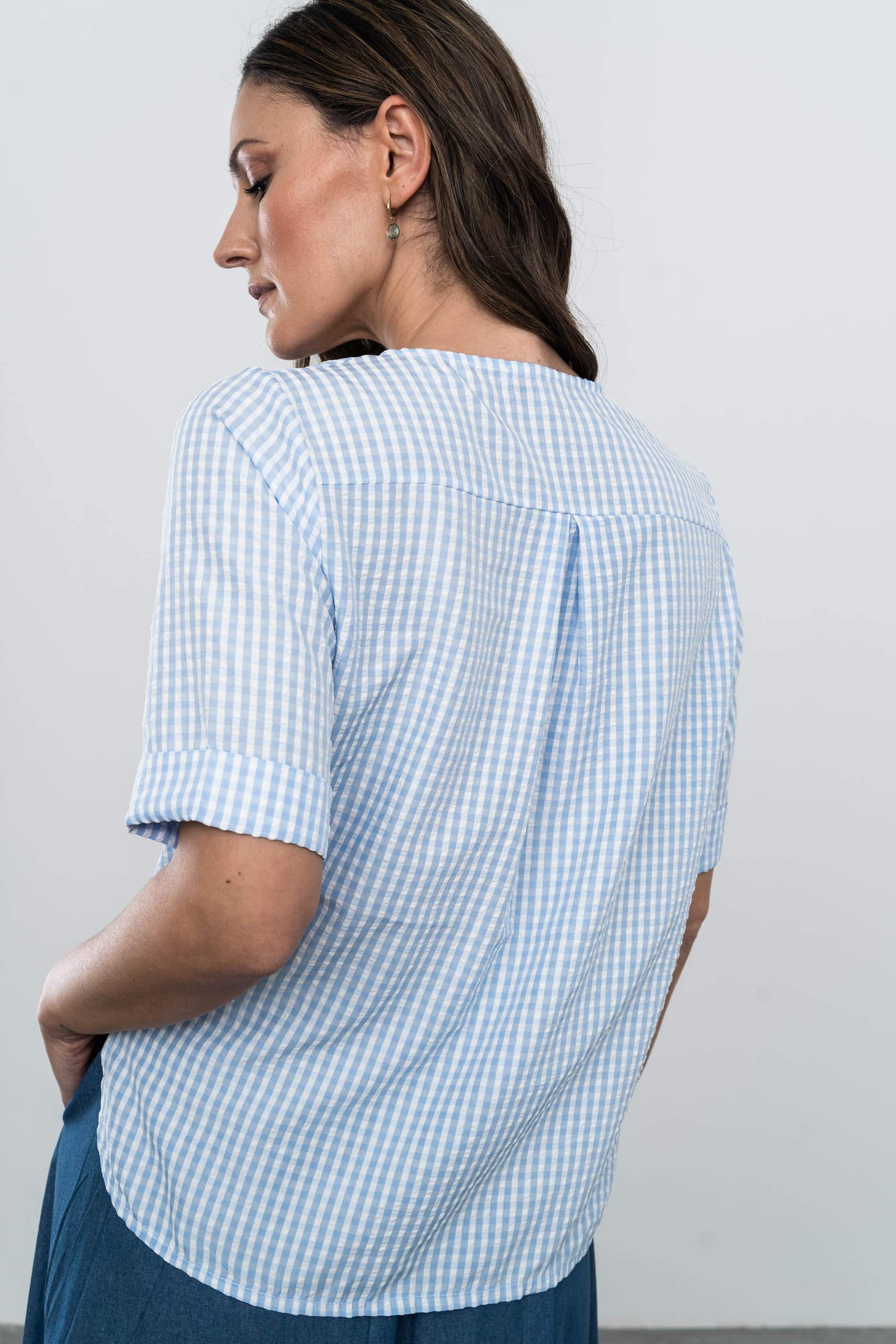 BLUSA TABLAS BOTONES CUADRITOS CELESTE