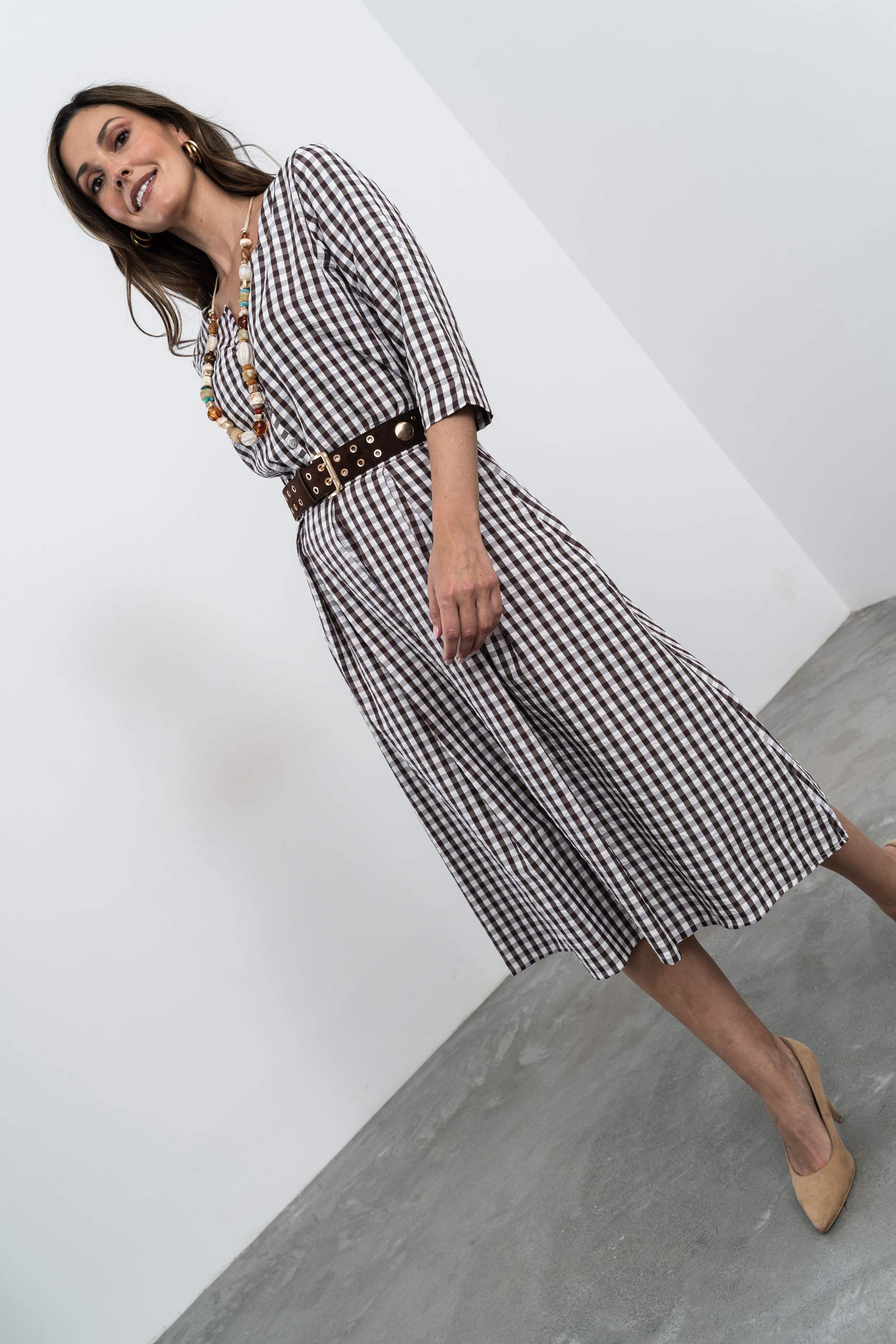 BLUSA CUELLO UVE CUADROS CHOCOLATE