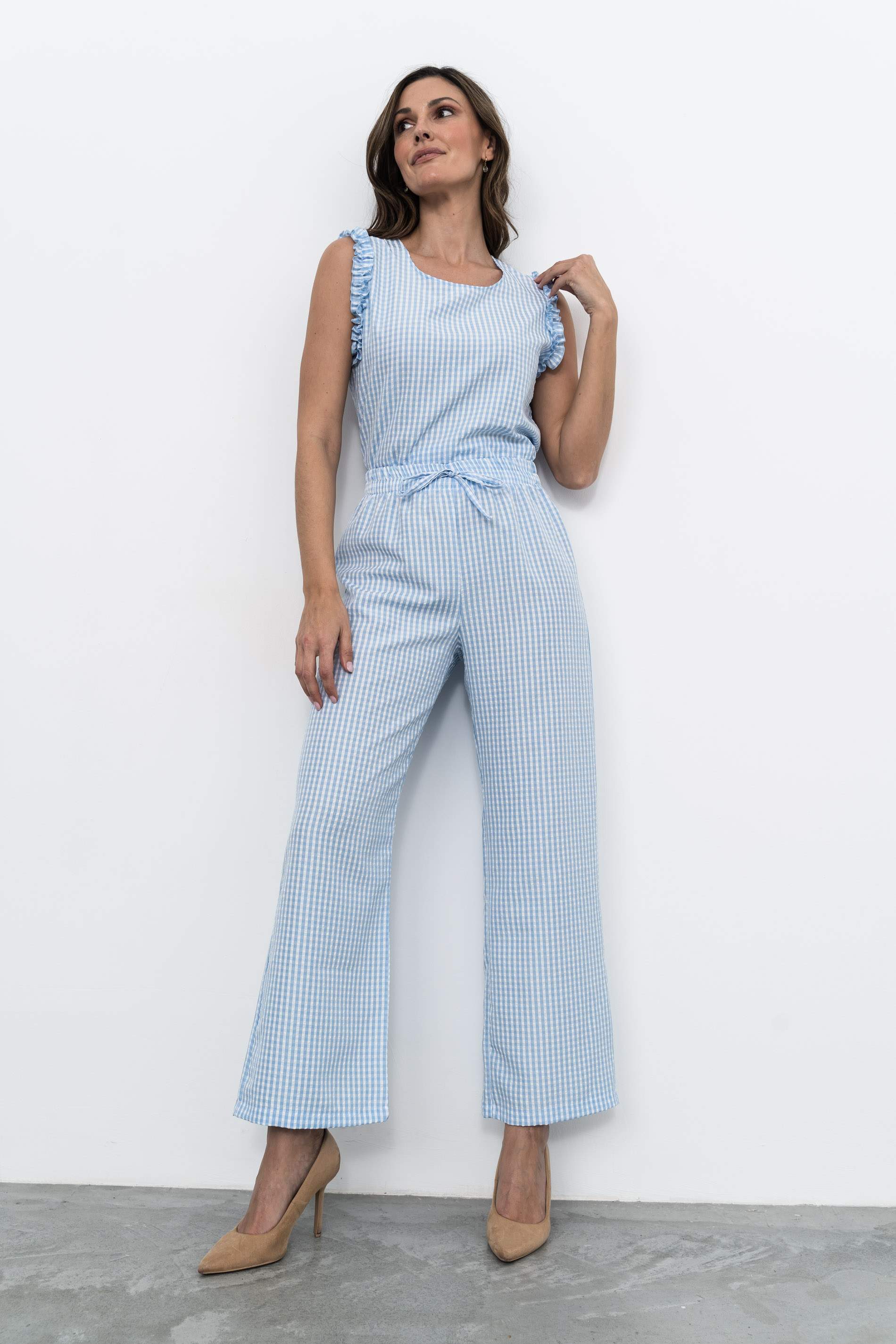 BLUSA CUADRITOS VOLANTE SISA CELESTE