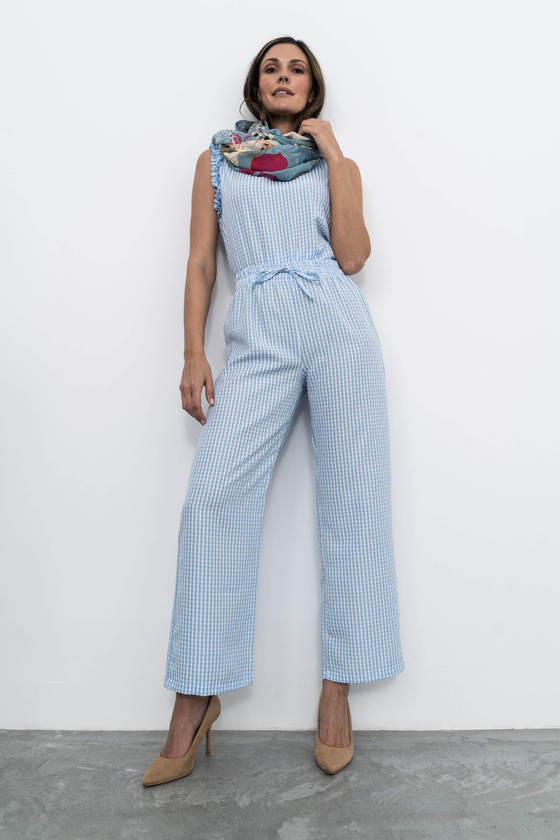 PANTALÓN CORDÓN CUADRITOS CELESTE