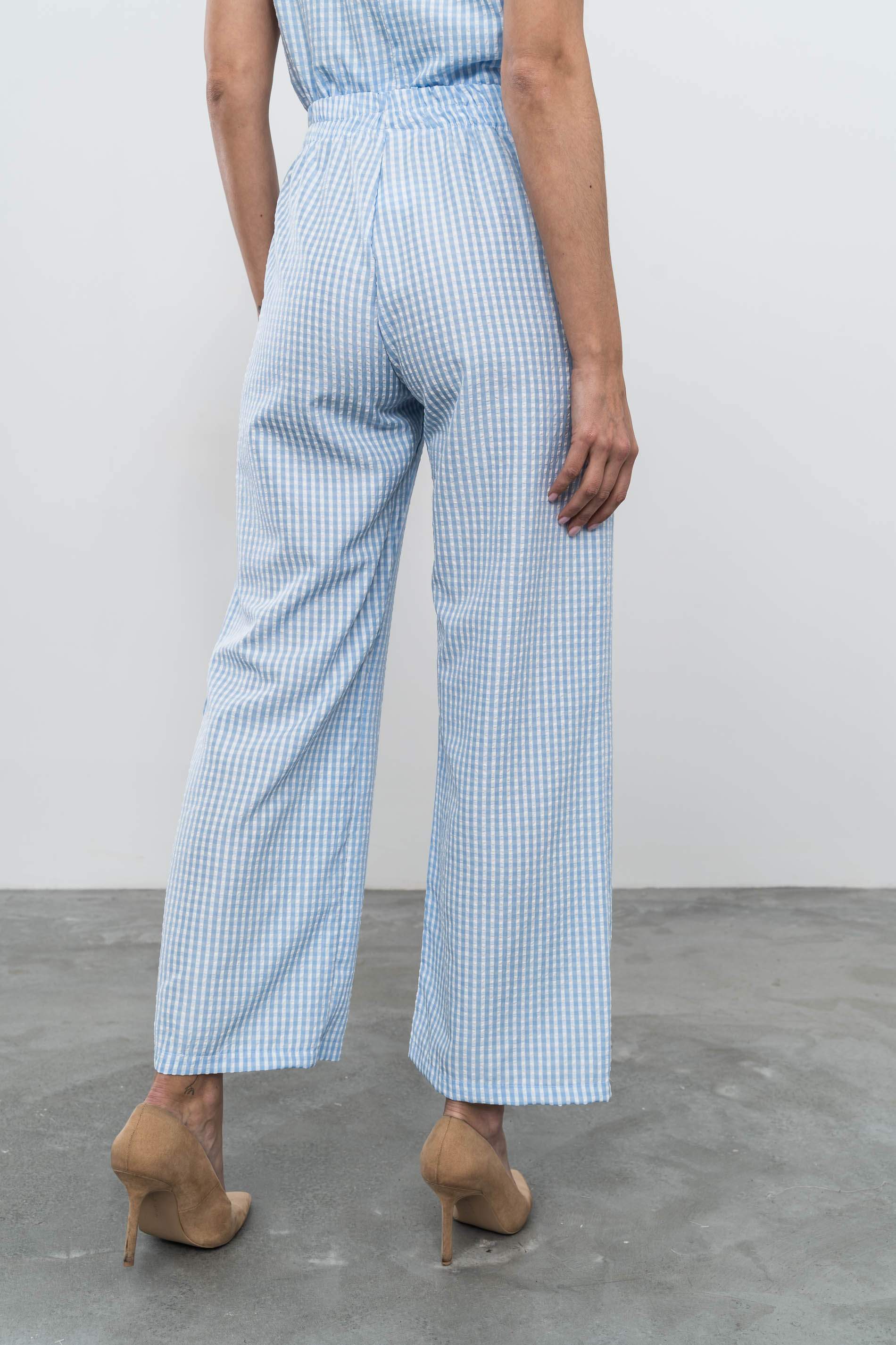 PANTALÓN CORDÓN CUADRITOS CELESTE