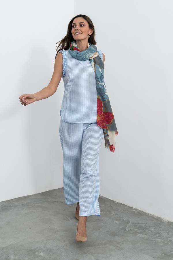 PANTALÓN CORDÓN CUADRITOS CELESTE